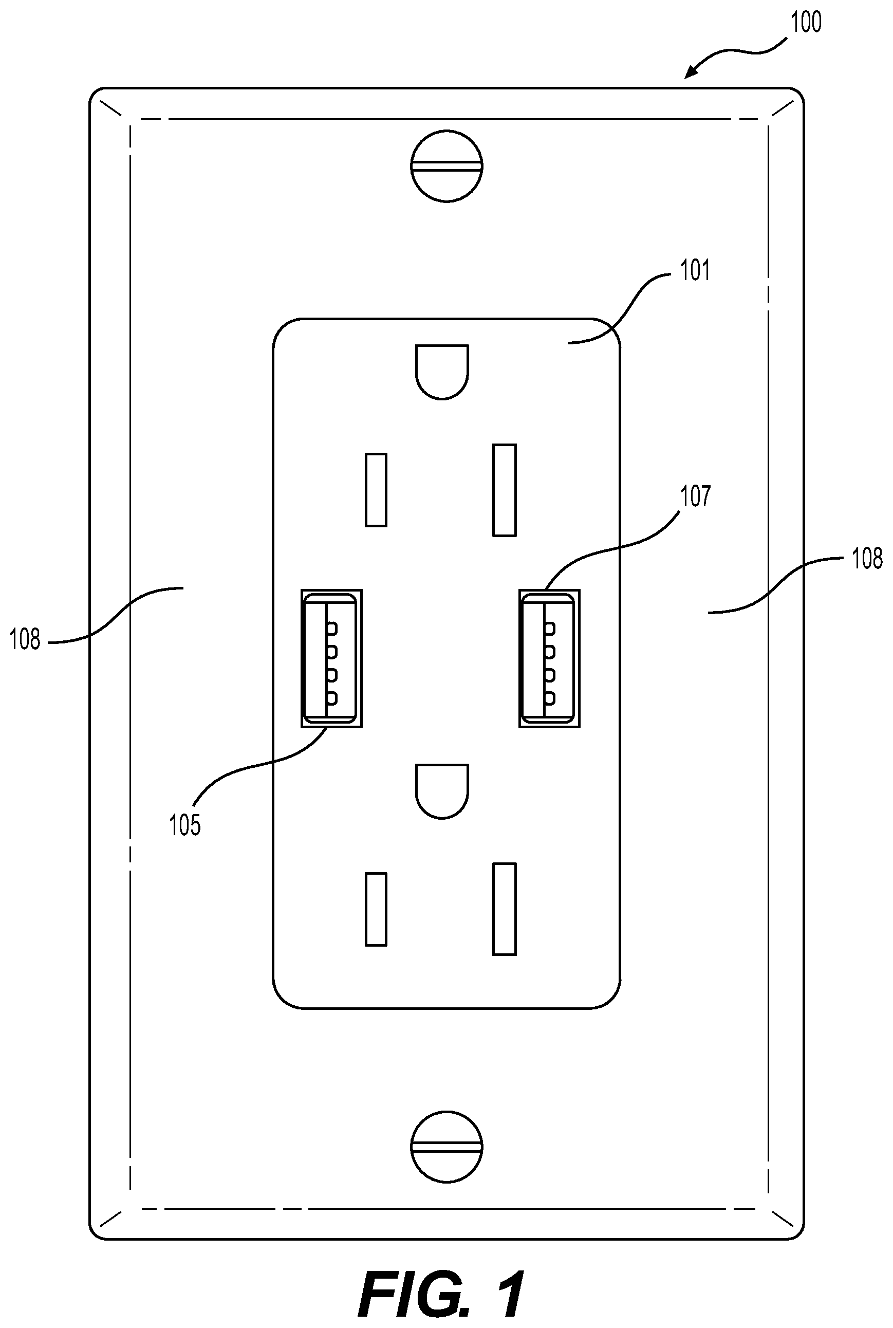 Patent US11777295 — Cable retaining wall plate for combination AC and DC power outlets — Figure 1