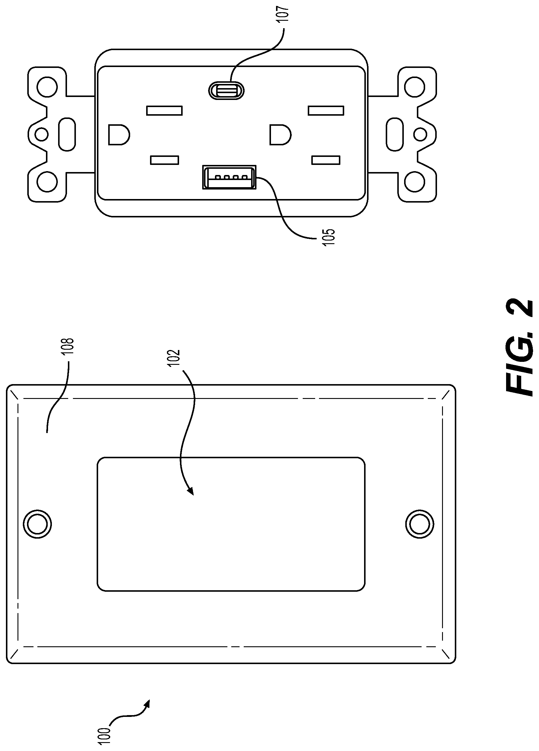 Patent US11777295 Figure 2 – Cable retaining wall plate for combination AC and DC power outlets