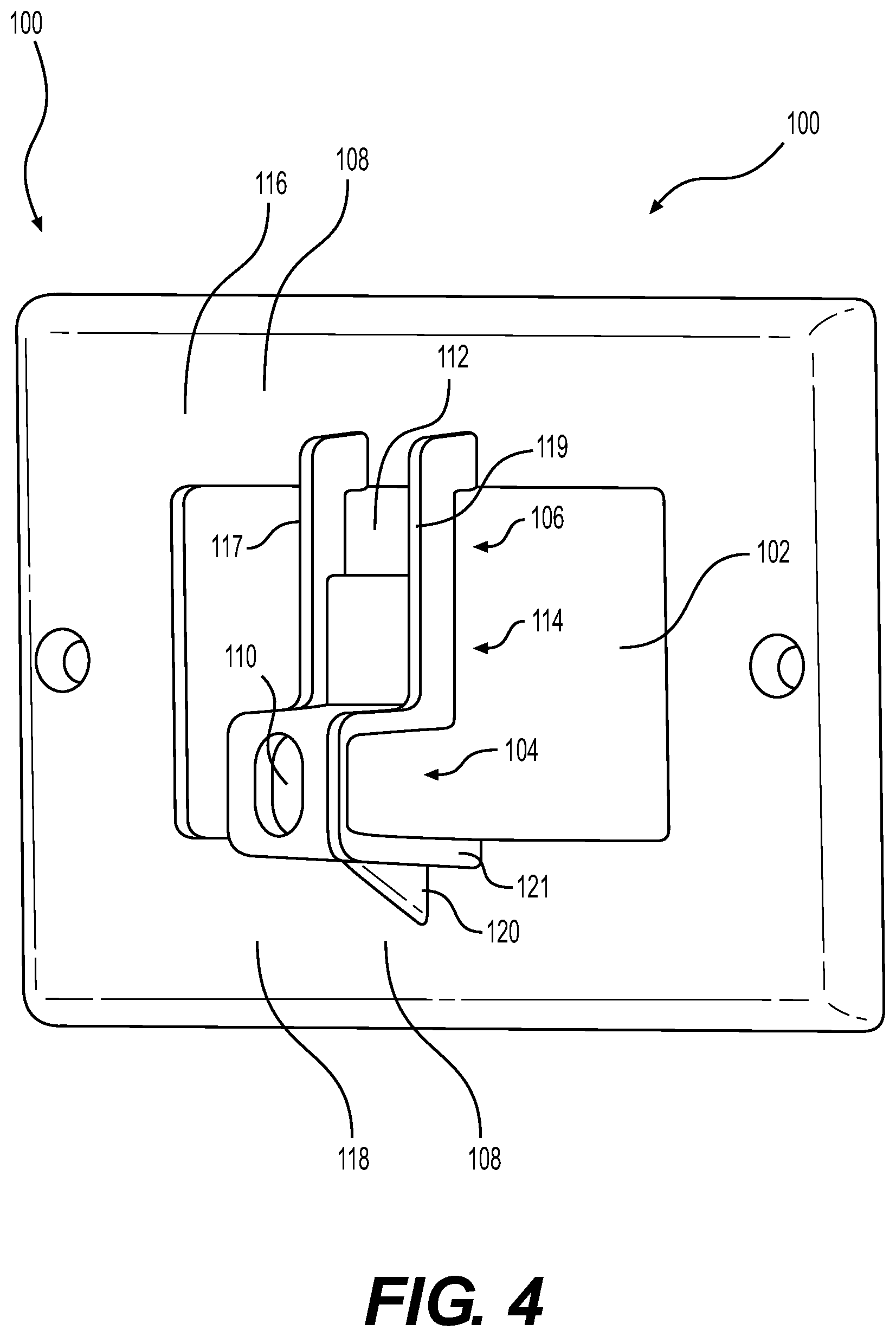 Patent US11777295 Figure 4 – Cable retaining wall plate for combination AC and DC power outlets
