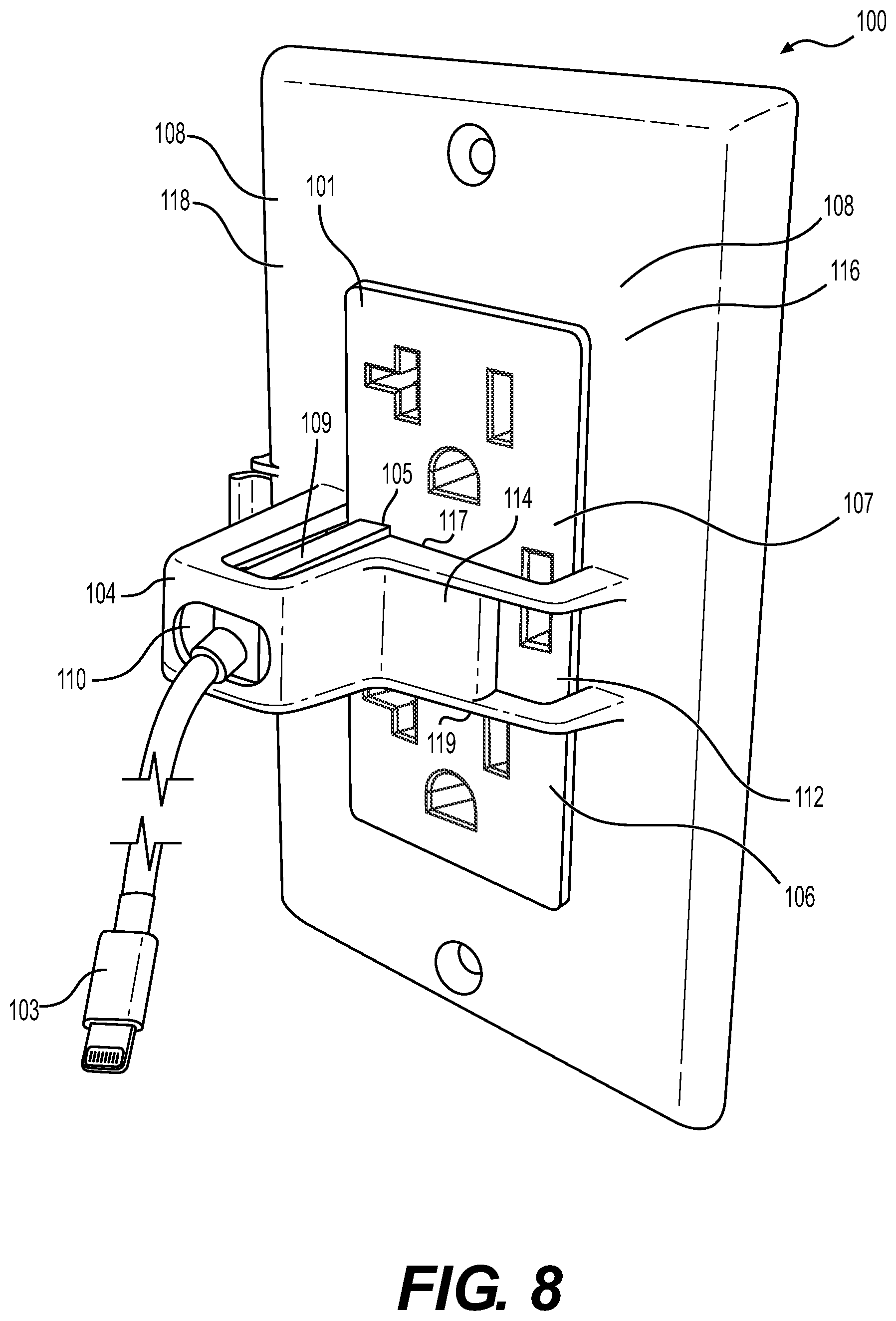 Patent US11777295 Figure 8 – Cable retaining wall plate for combination AC and DC power outlets
