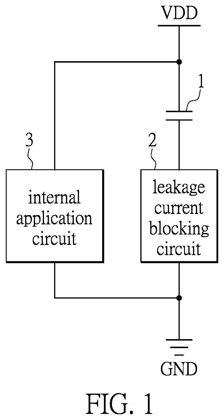 Patent US11777302 — Leakage current blocking circuit and leakage current blocking method for decoupling capacitor — Figure 1