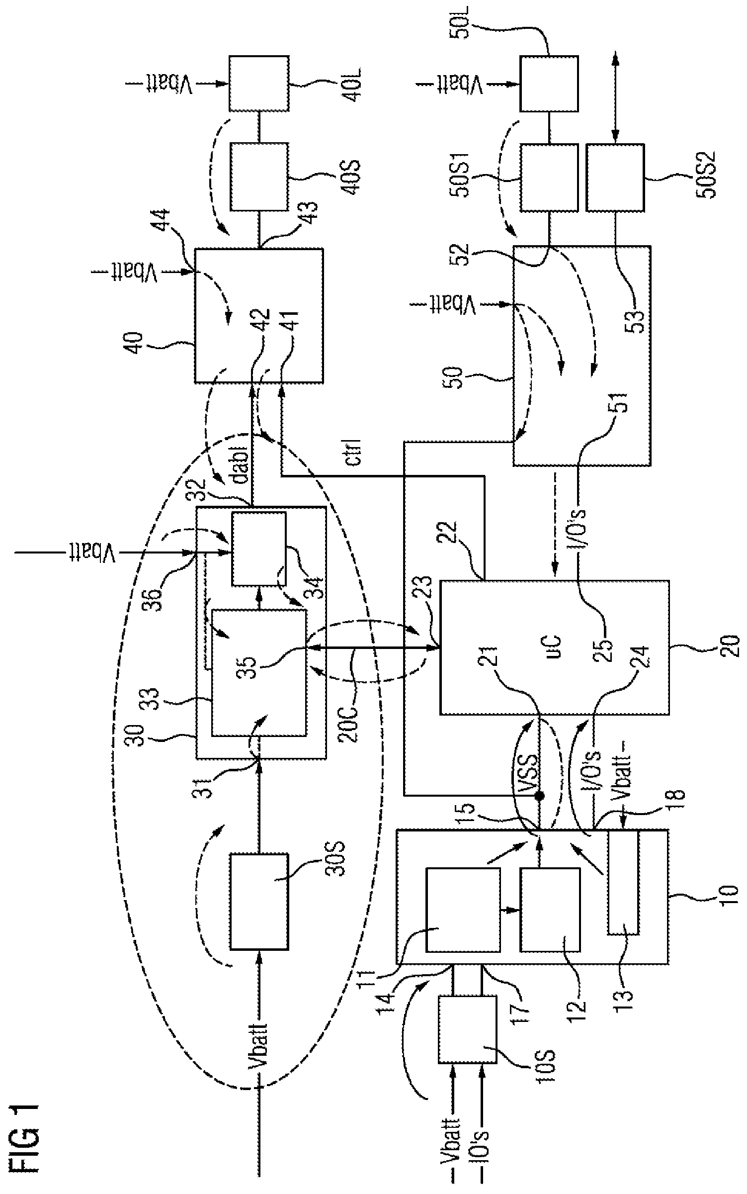 Patent US11777326 Figure 1 – Device for preventing overvoltage-induced damage caused by fault propagation in safety-relevant systems