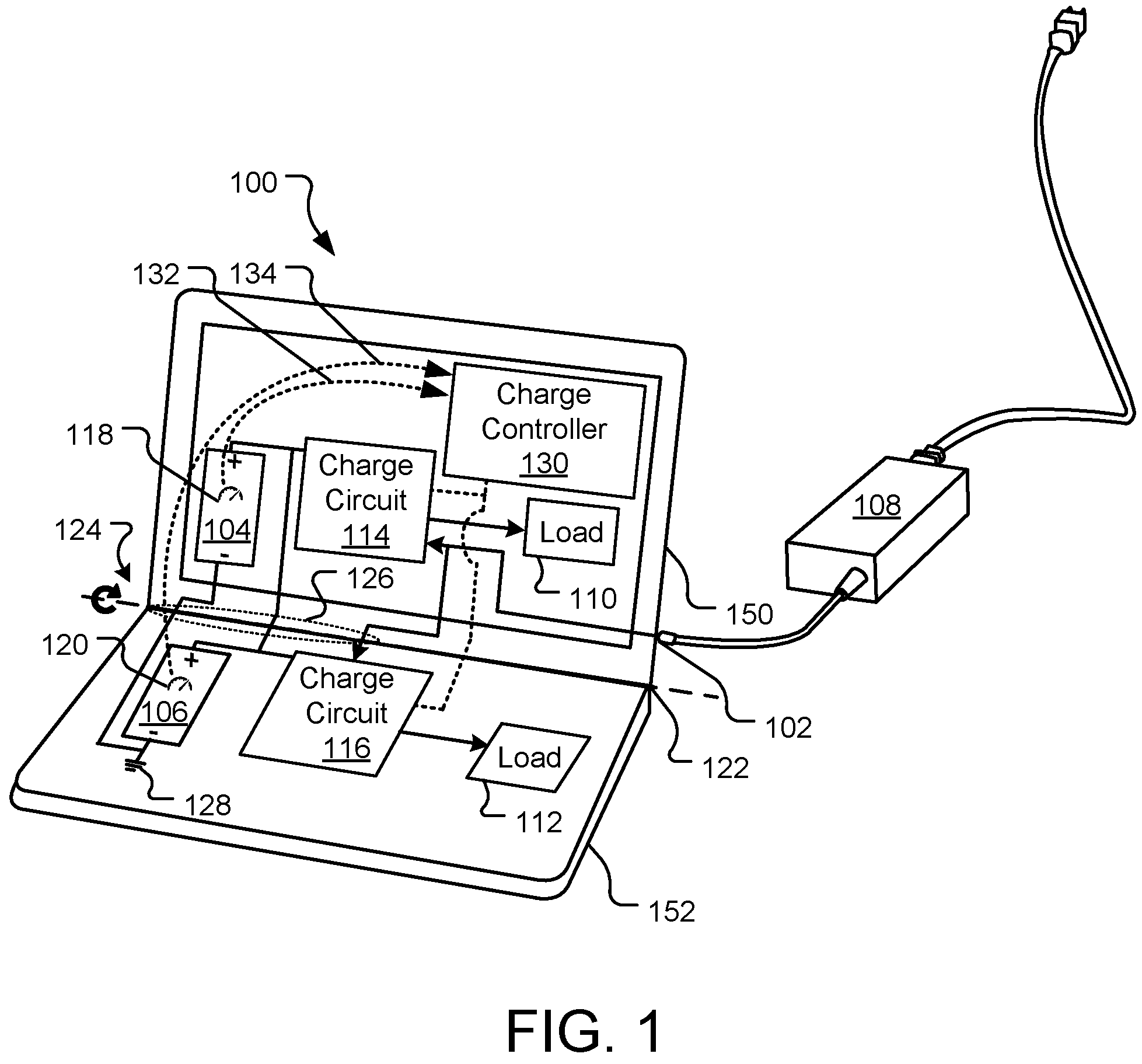Patent US11777330 Figure 1 – Common charge controller for electronic devices with multiple batteries