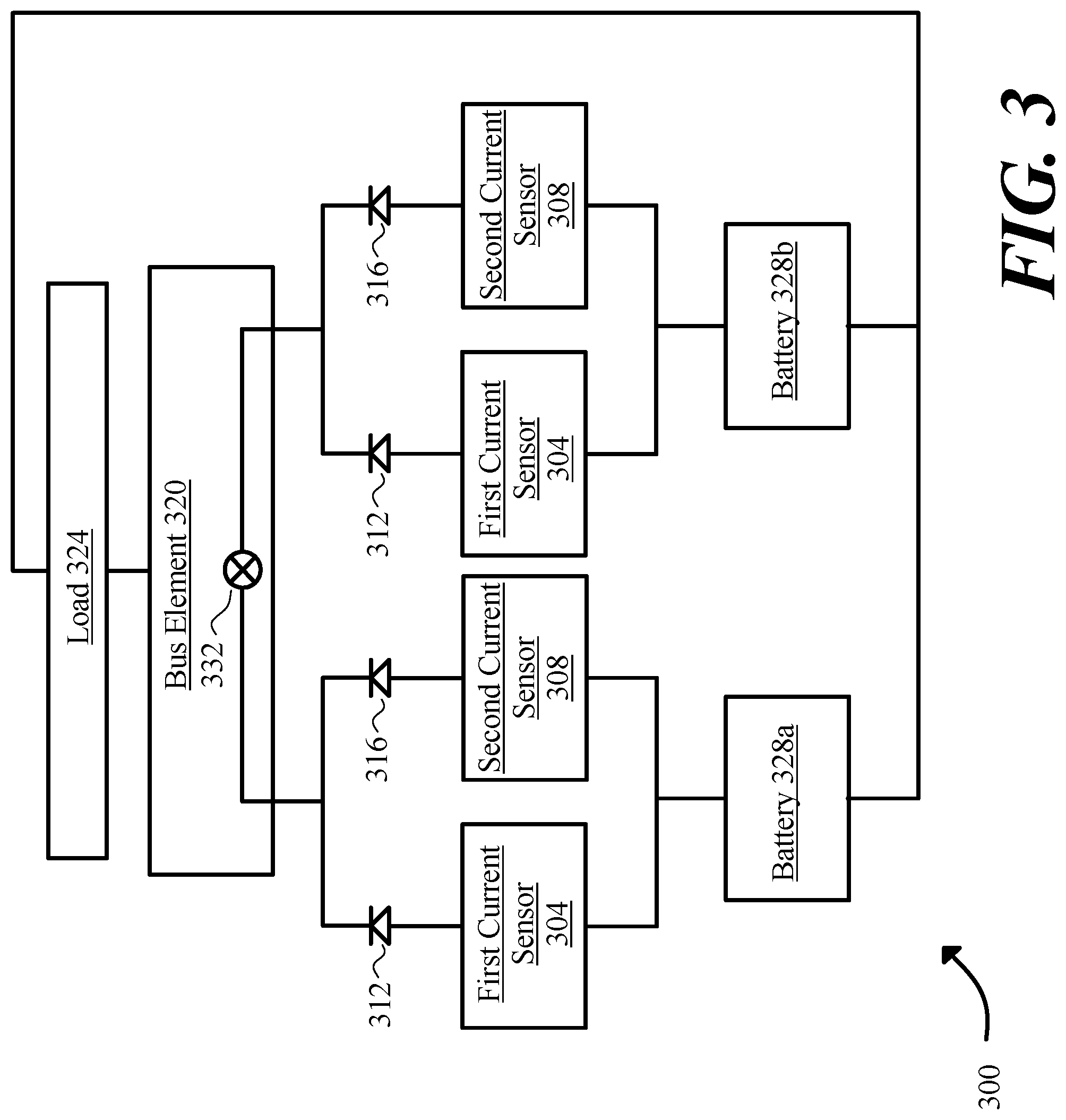 Patent US11777334 Figure 3 – System for charging multiple power sources and monitoring diode currents for faults