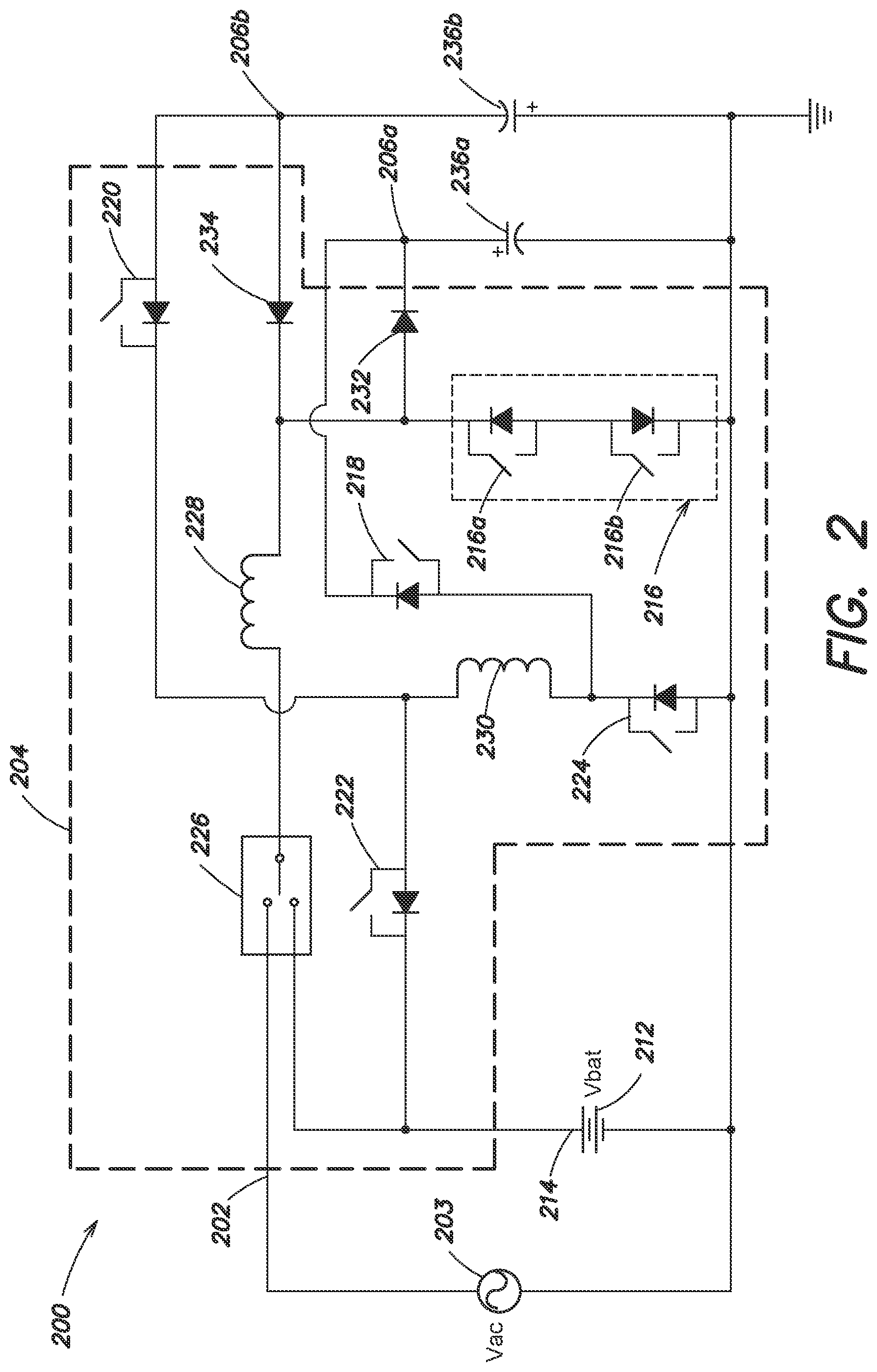 Patent US11777338 Figure 2 – AC switch PFC with integrated charger and DC-DC for online UPS systems