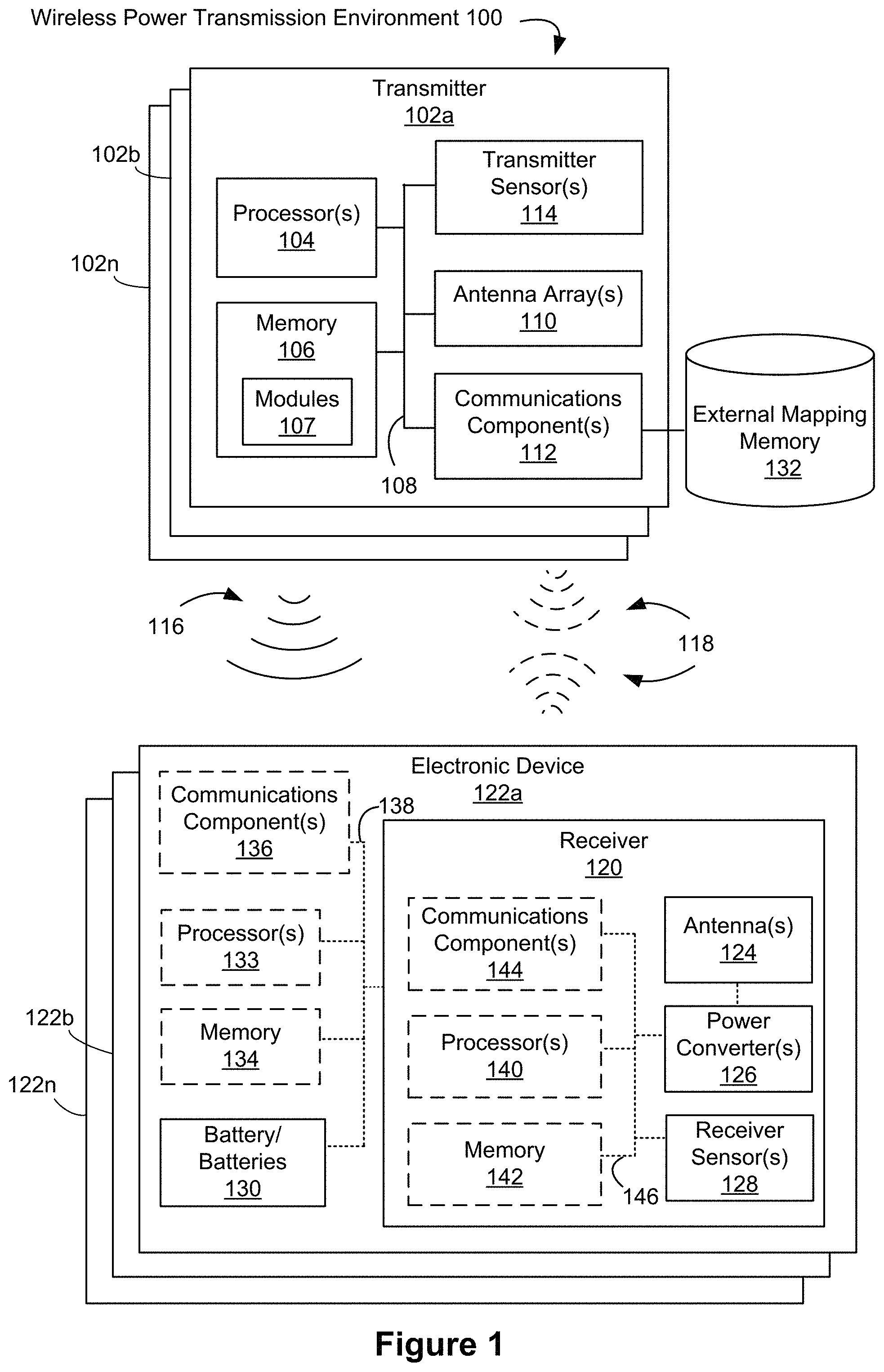 Patent US11777342 Figure 1 – Wireless power receiver with a transistor rectifier