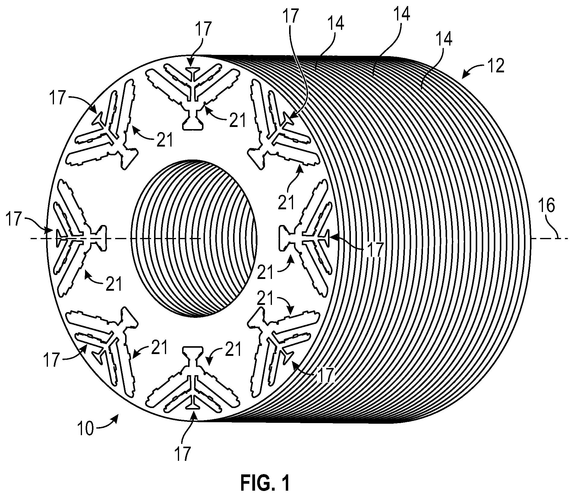 Patent US11777348 Figure 1 – Rotor core with load bearing polymer and insert