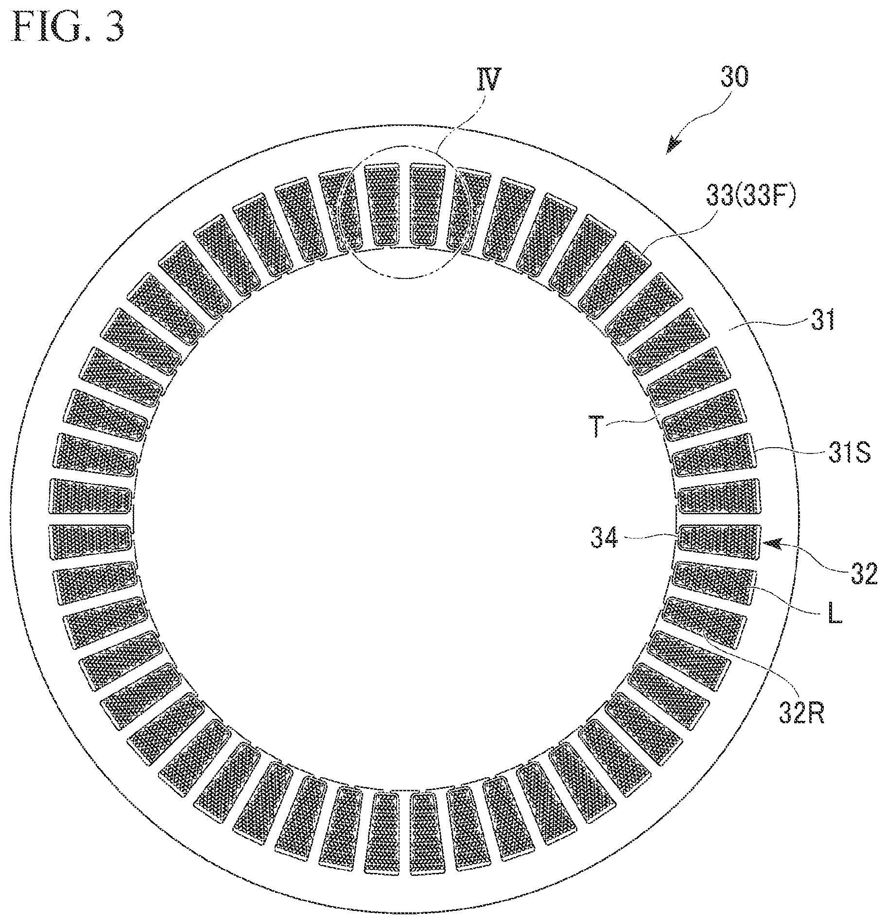 Patent US11777353 Figure 3 – Dynamoelectric machine having a coolant path through a space provided in the flank of a winding