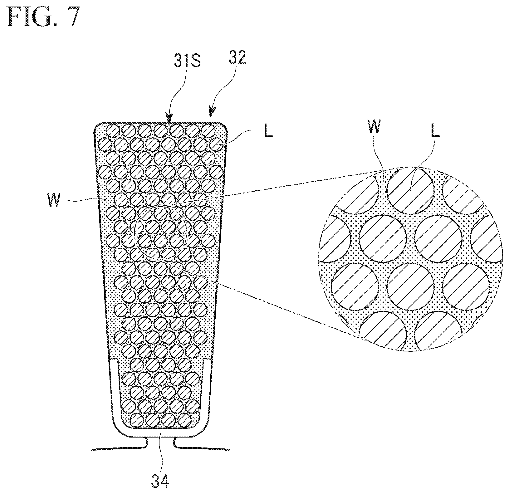 Patent US11777353 Figure 7 – Dynamoelectric machine having a coolant path through a space provided in the flank of a winding