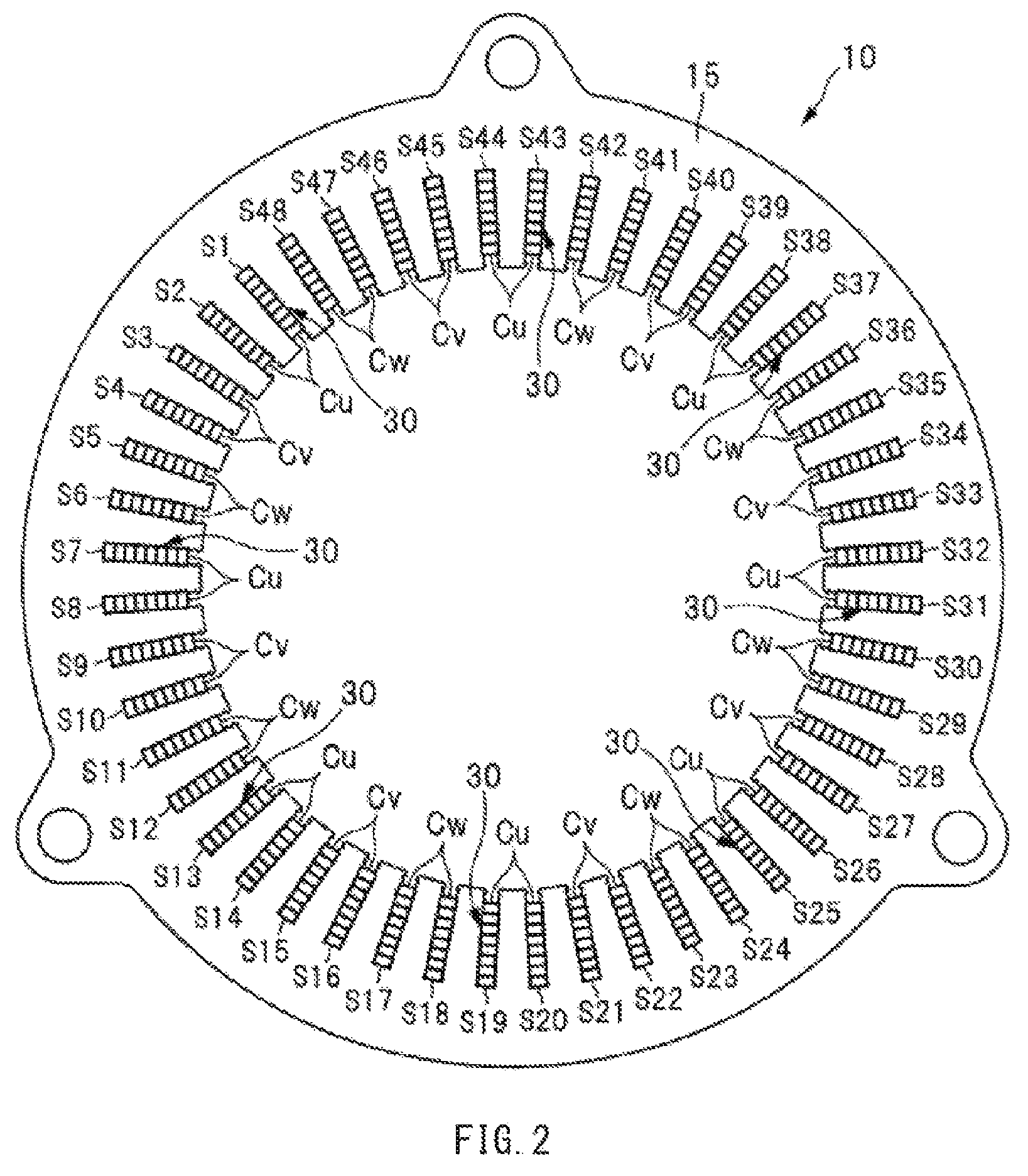 Patent US11777355 Figure 2 – Stator and electric rotating machine