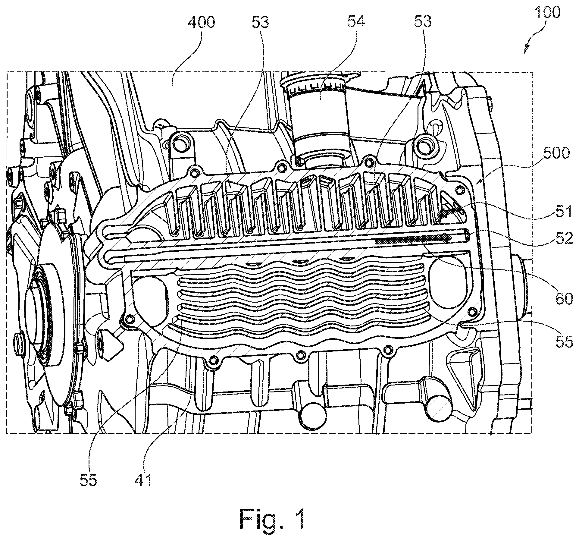 Patent US11777363 Figure 1 – Electric machine with heat exchanging unit on surface of housing and cooling duct in rotor