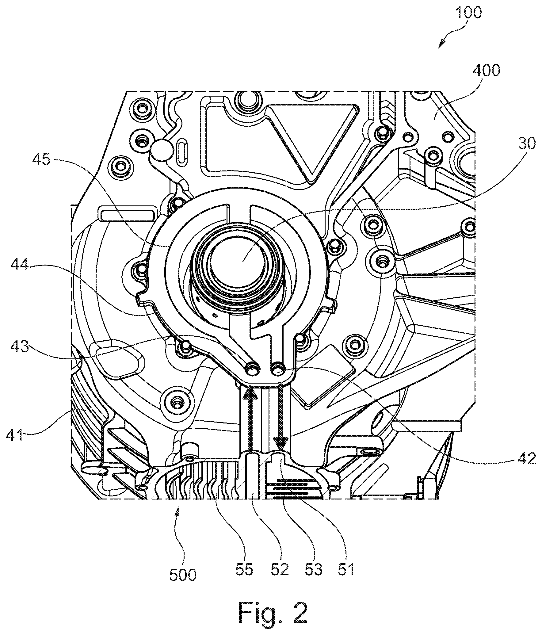 Patent US11777363 Figure 2 – Electric machine with heat exchanging unit on surface of housing and cooling duct in rotor