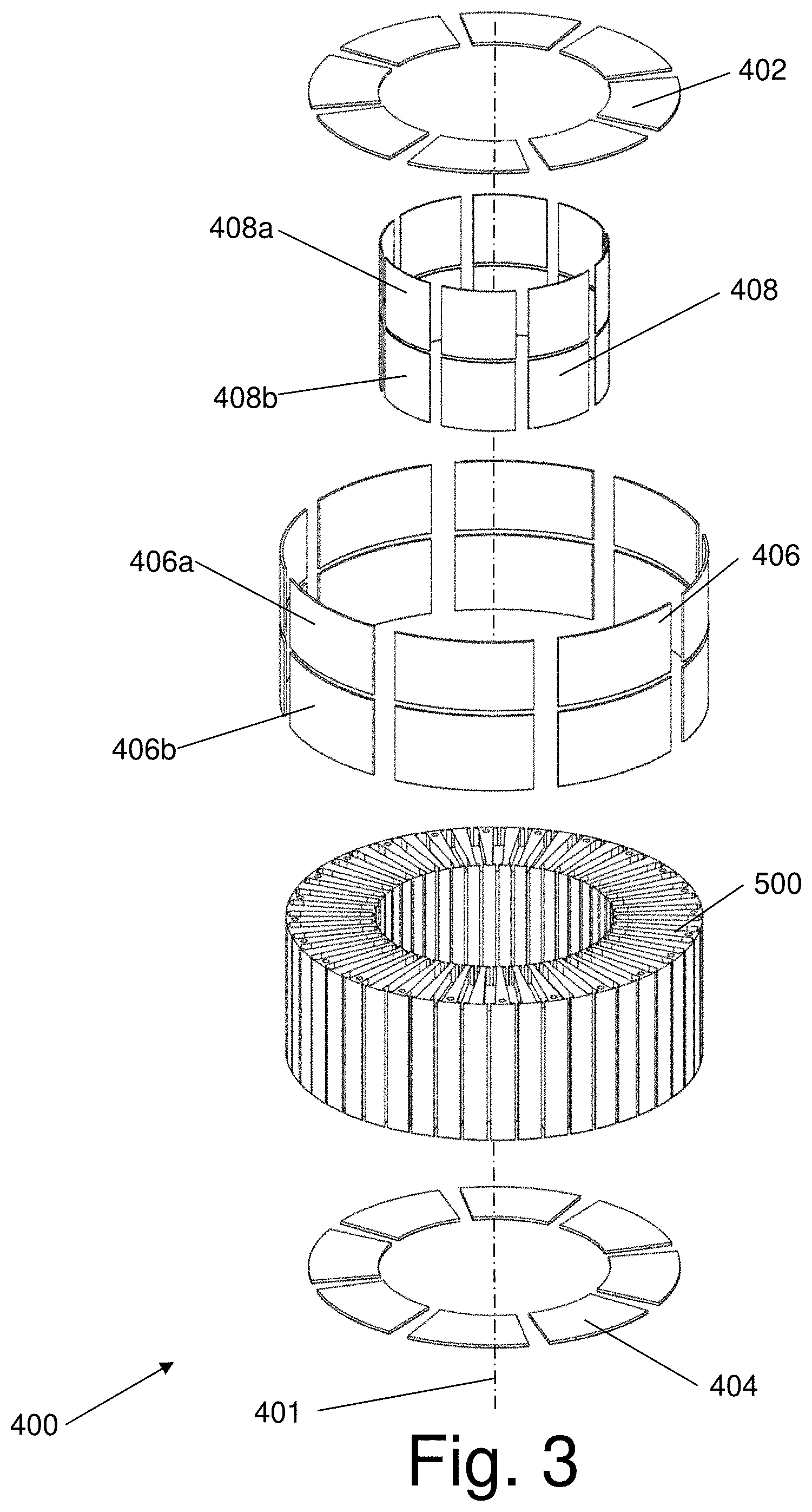 Patent US11777386 Figure 4 – System and method for an electric motor/generator with a multi-layer stator/rotor assembly