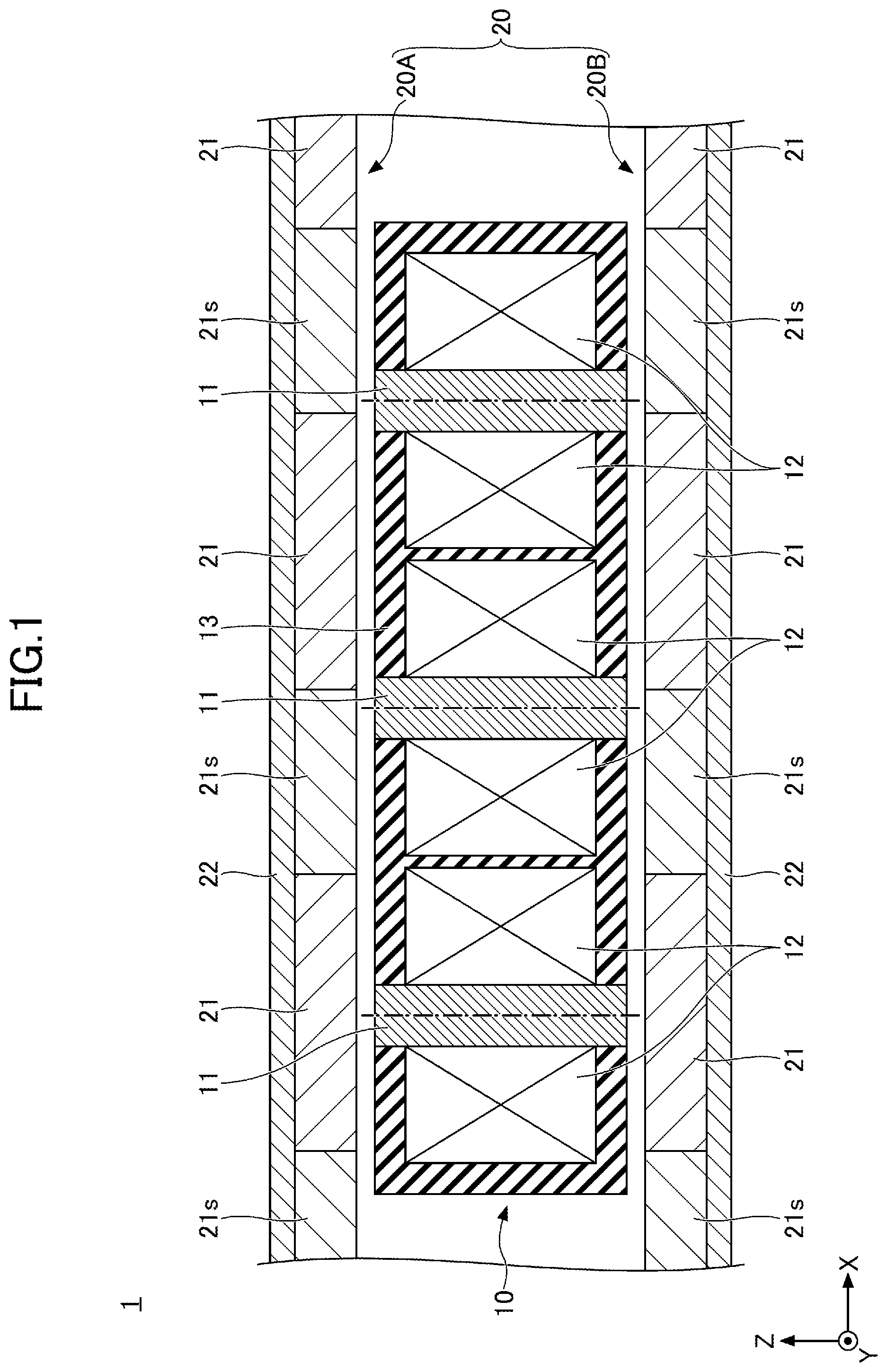 Patent US11777387 Figure 1 – Armature, linear motor, method of manufacturing armature