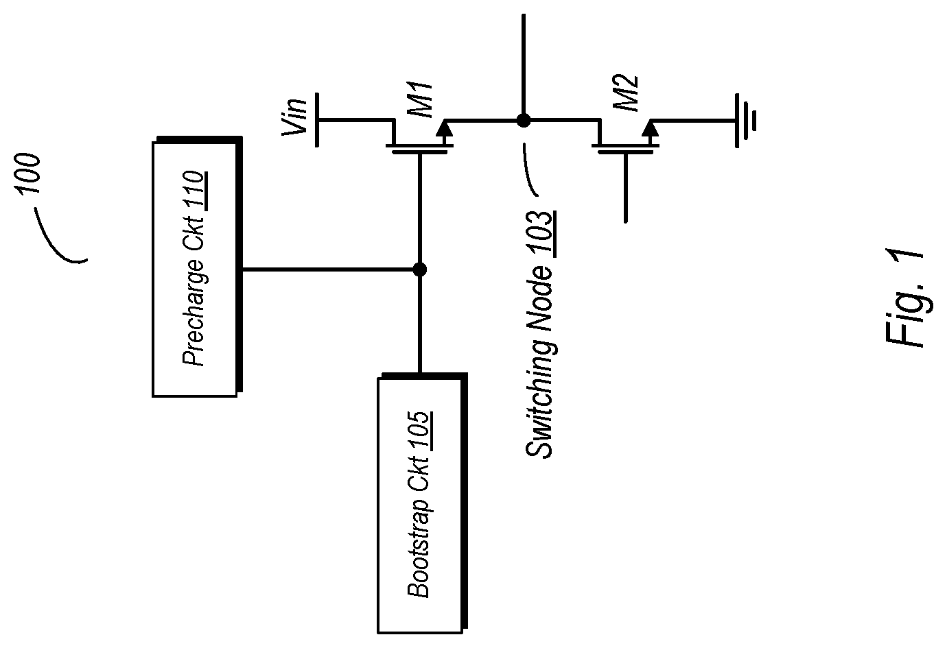 Patent US11777398 Figure 1 – Pre-charging bootstrapped FET gate