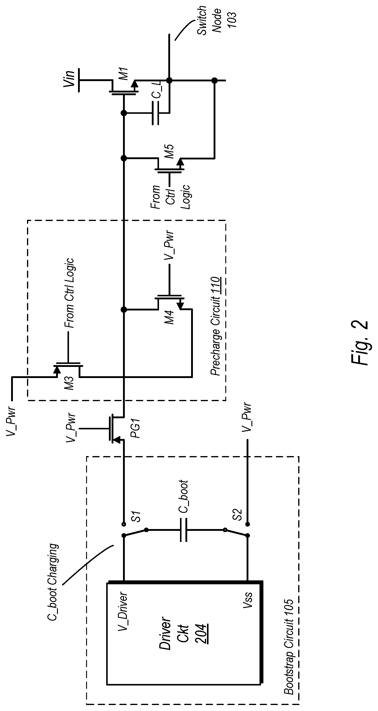 Patent US11777398 Figure 2 – Pre-charging bootstrapped FET gate