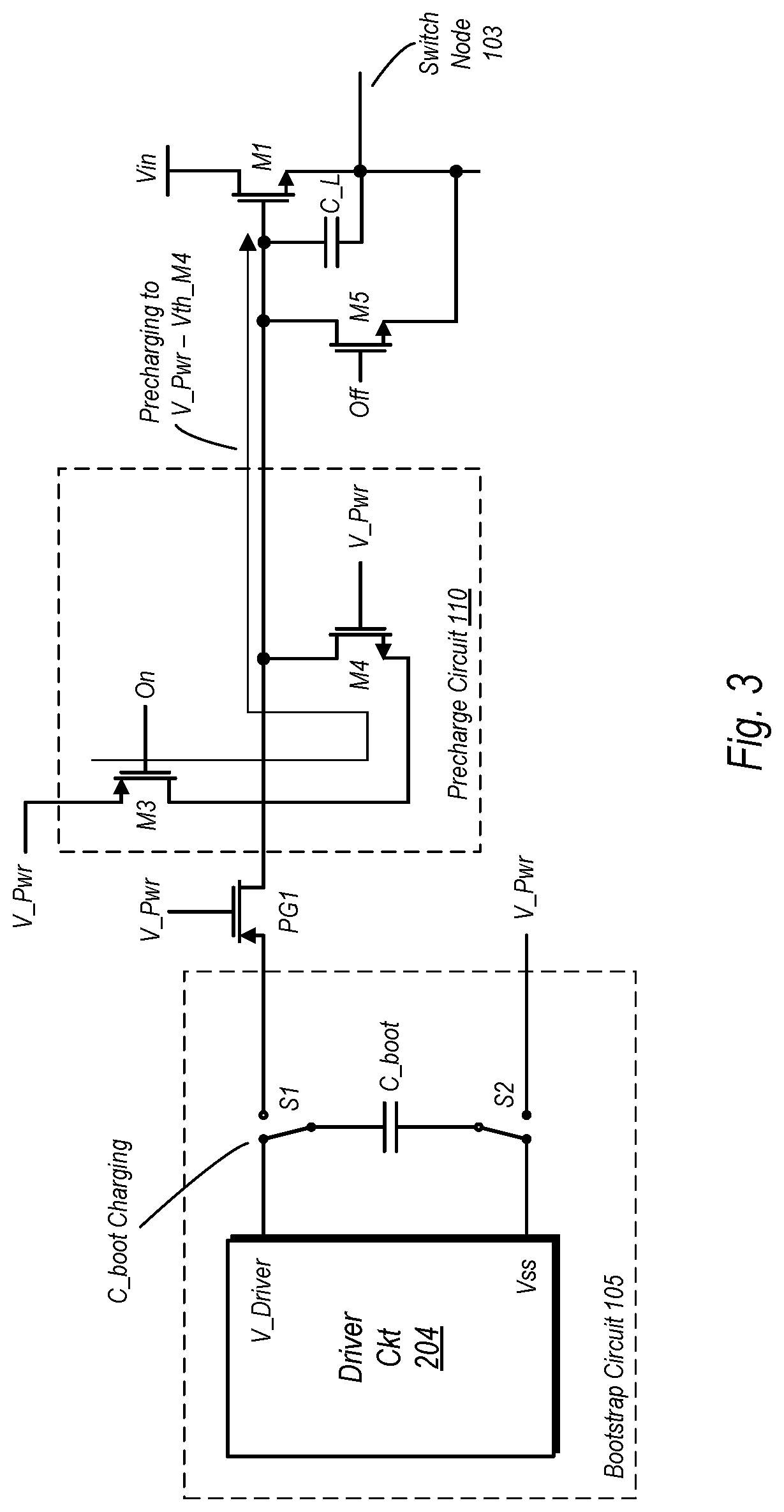 Patent US11777398 Figure 3 – Pre-charging bootstrapped FET gate