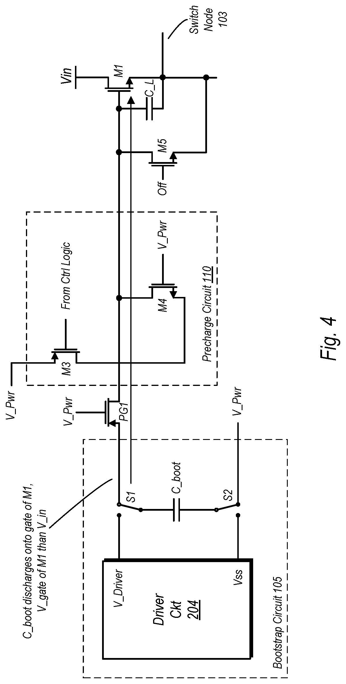 Patent US11777398 Figure 4 – Pre-charging bootstrapped FET gate