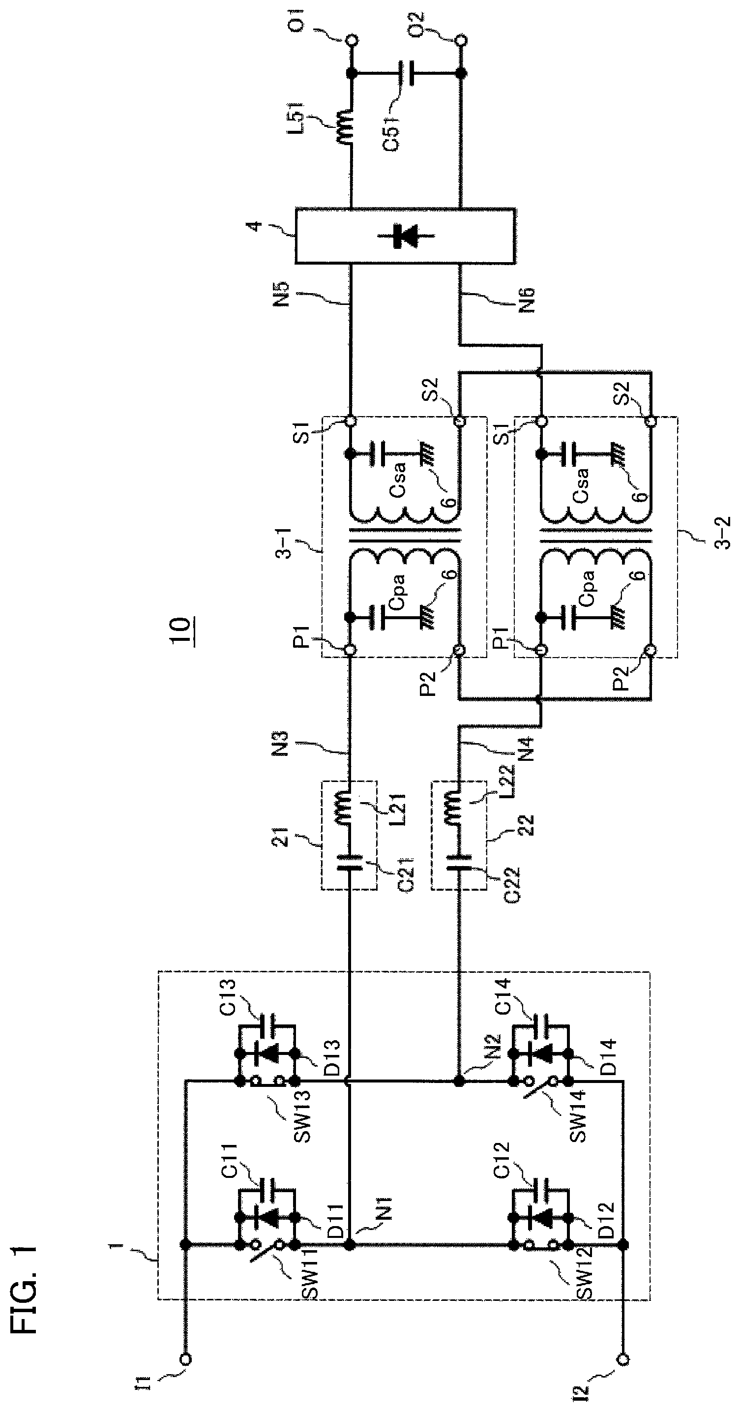 Patent US11777412 Figure 1 – Switching power supply apparatus for reducing common mode noise due to line-to-ground capacitances