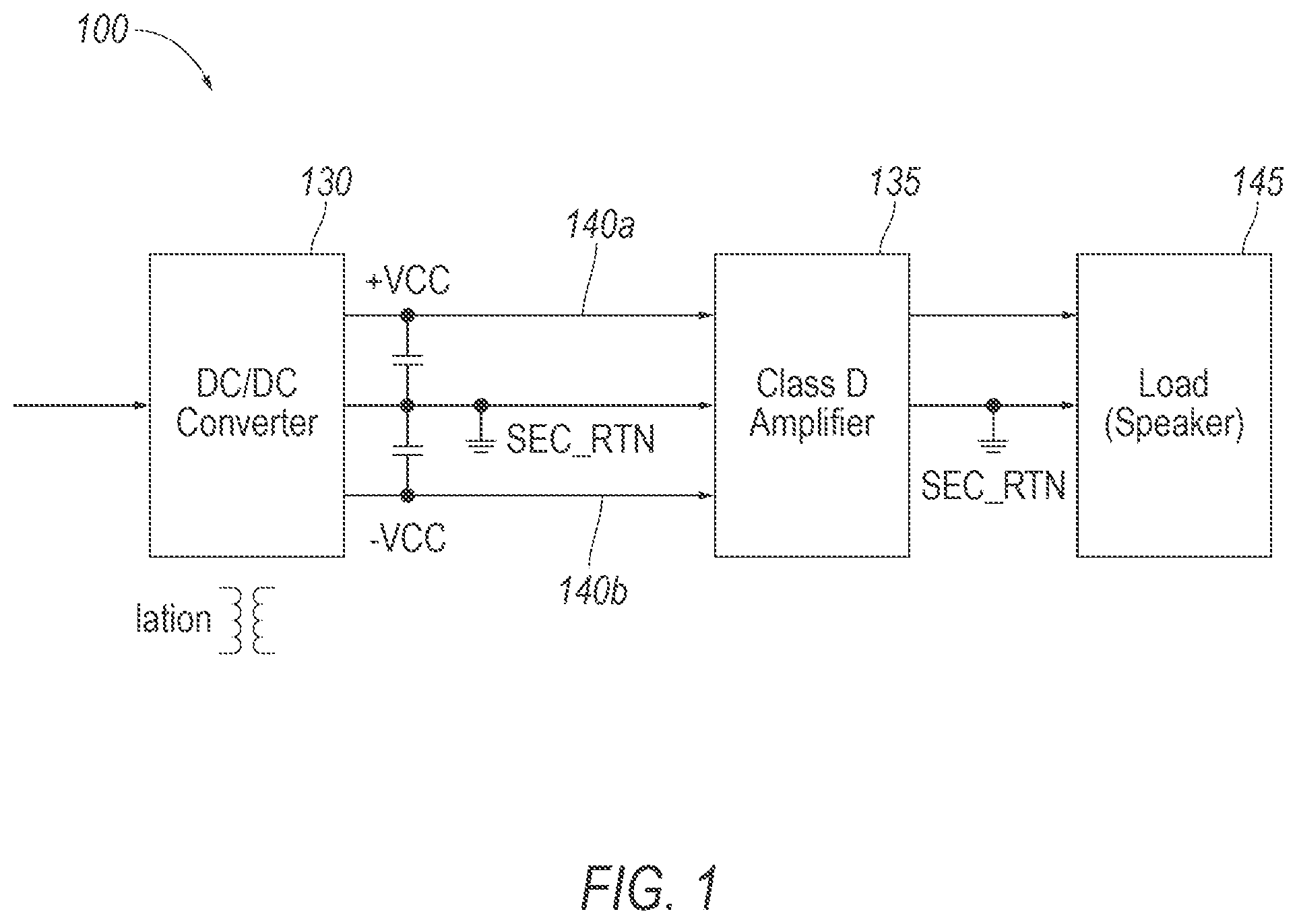 Patent US11777415 Figure 1 – Synchronous rectification to mitigate rail pumping in a single-ended Class D amplifier