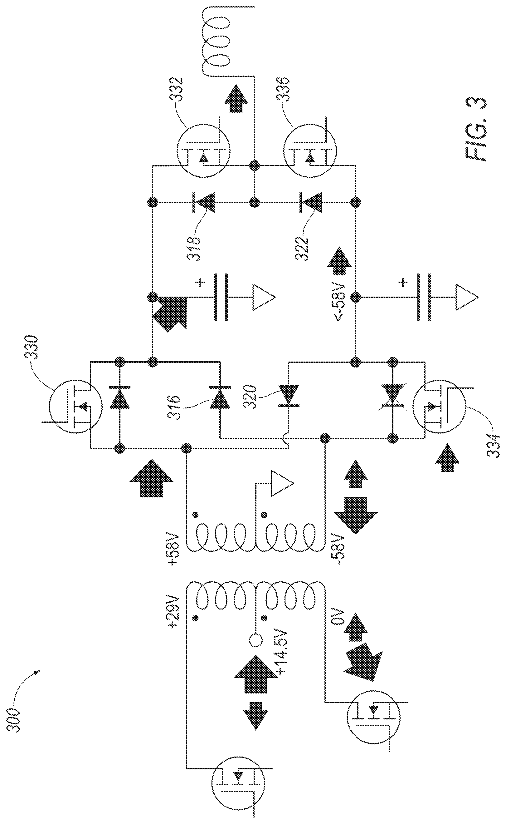 Patent US11777415 Figure 3 – Synchronous rectification to mitigate rail pumping in a single-ended Class D amplifier