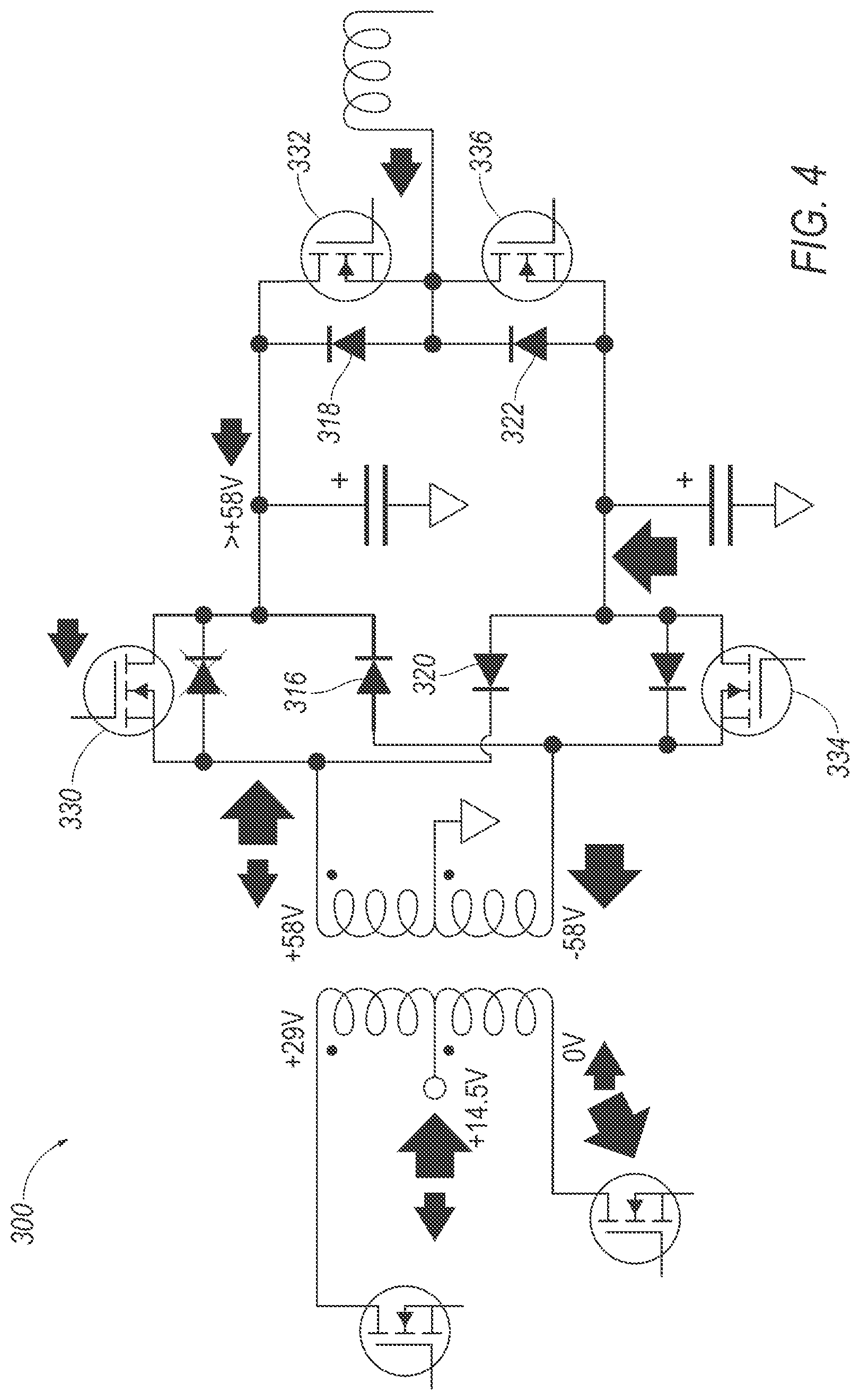 Patent US11777415 Figure 4 – Synchronous rectification to mitigate rail pumping in a single-ended Class D amplifier