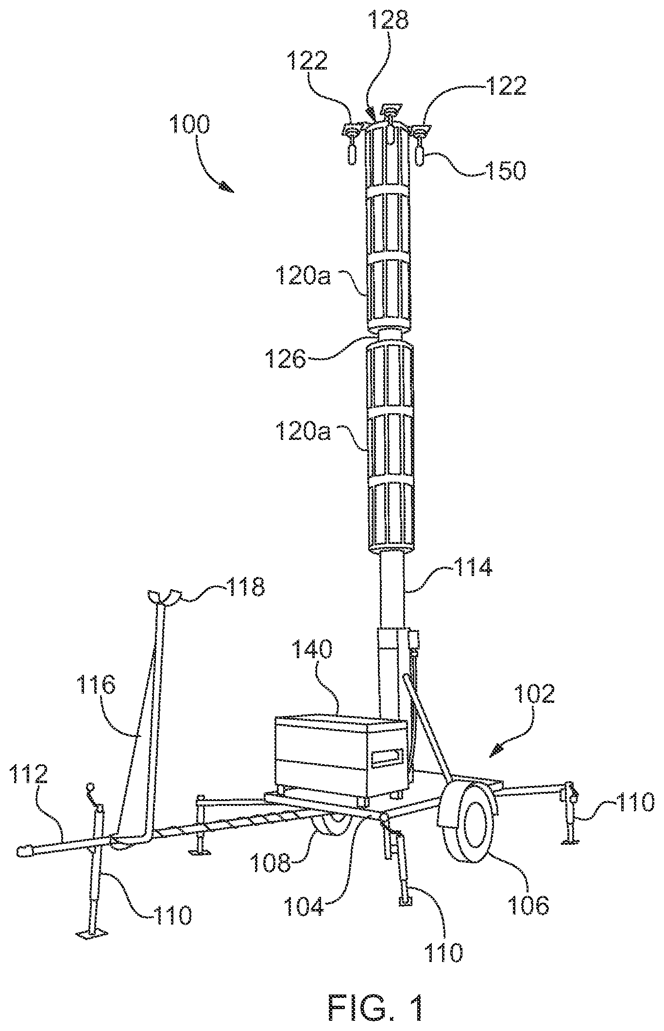 Patent US11777439 Figure 1 – Compact, lightweight, portable trailer with solar tower and autonomous hybrid power solutions