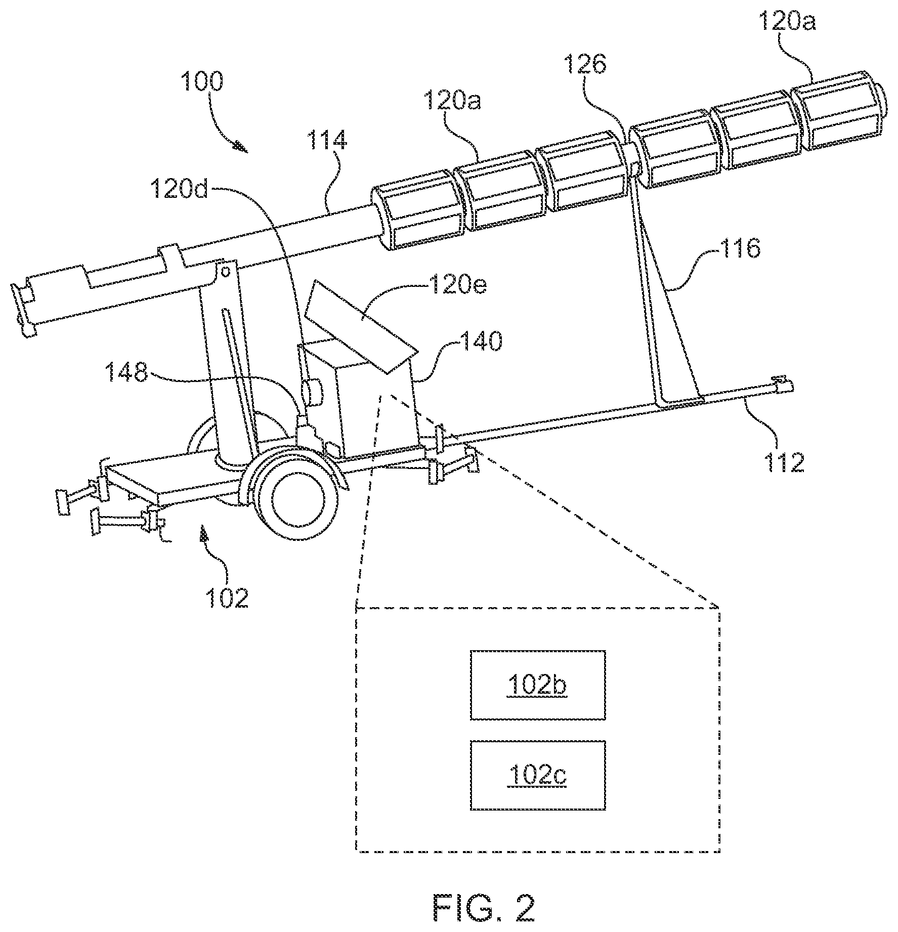 Patent US11777439 Figure 2 – Compact, lightweight, portable trailer with solar tower and autonomous hybrid power solutions