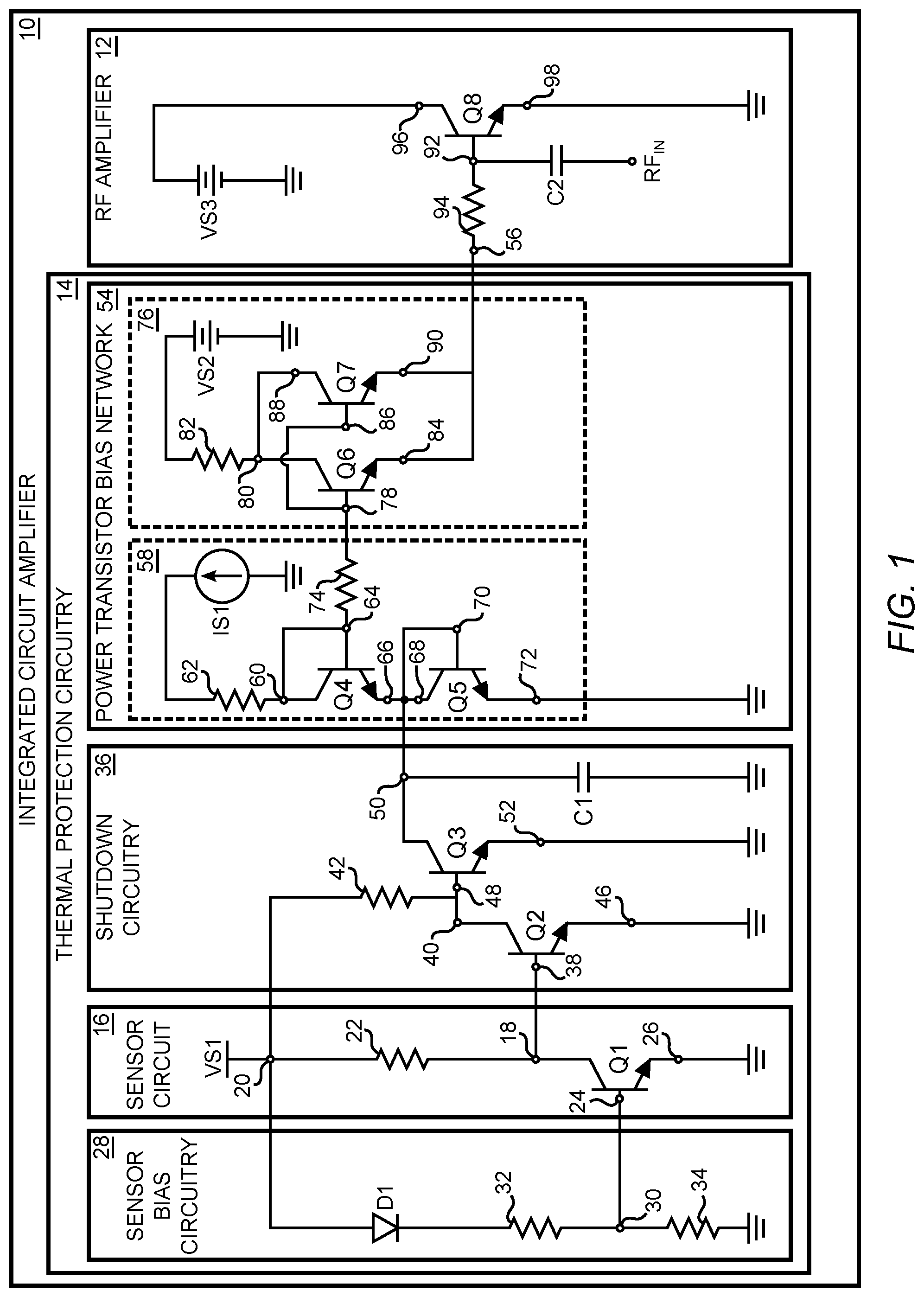 Patent US11777455 Figure 1 – Integrated circuit amplifier and thermal protection circuitry