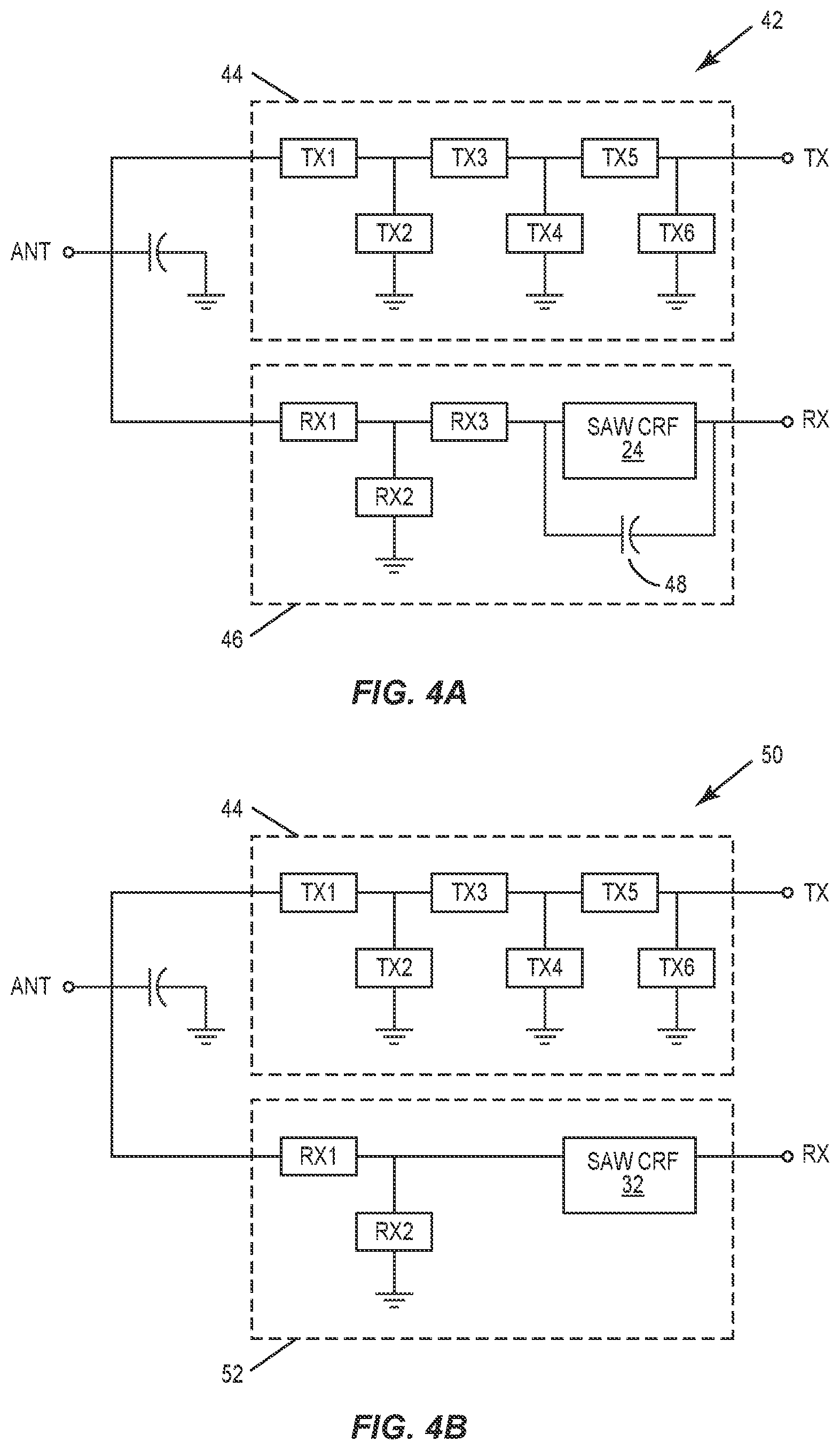 Patent US11777470 Figure 4 – Interdigital transducer arrangements for surface acoustic wave devices