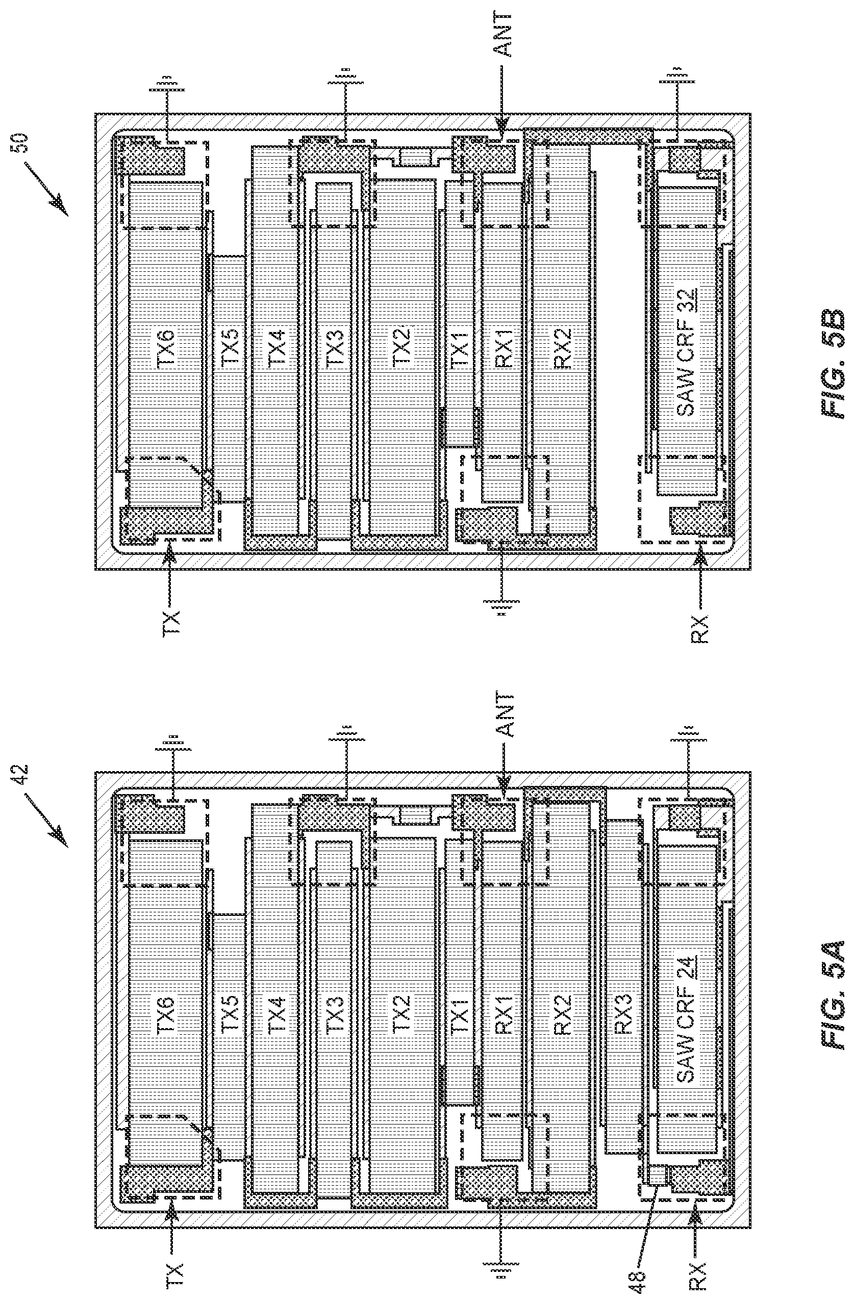 Patent US11777470 Figure 5 – Interdigital transducer arrangements for surface acoustic wave devices