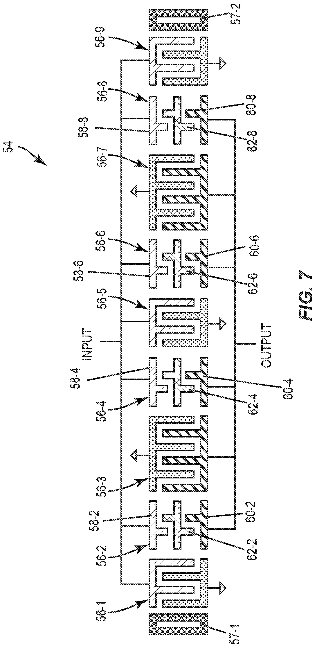 Patent US11777470 Figure 7 – Interdigital transducer arrangements for surface acoustic wave devices