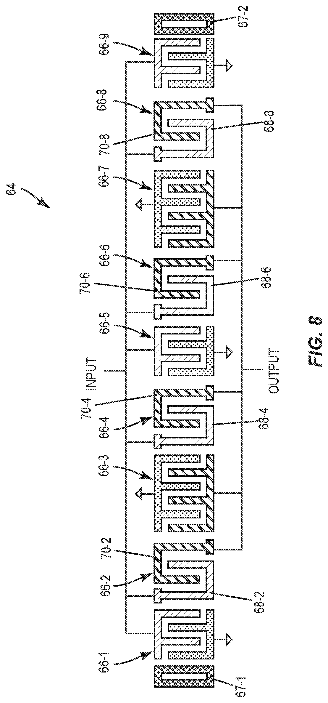 Patent US11777470 Figure 8 – Interdigital transducer arrangements for surface acoustic wave devices