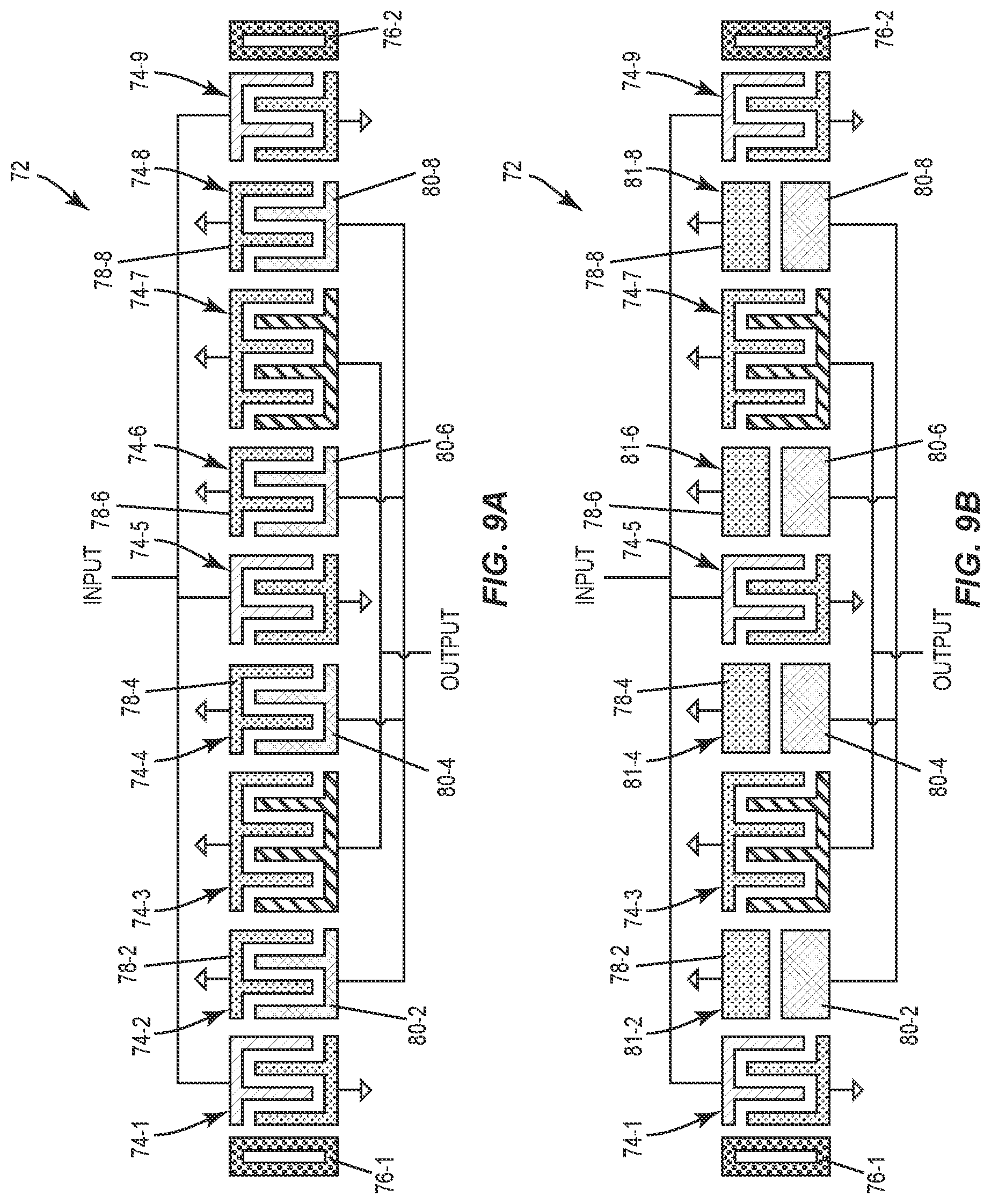 Patent US11777470 Figure 9 – Interdigital transducer arrangements for surface acoustic wave devices