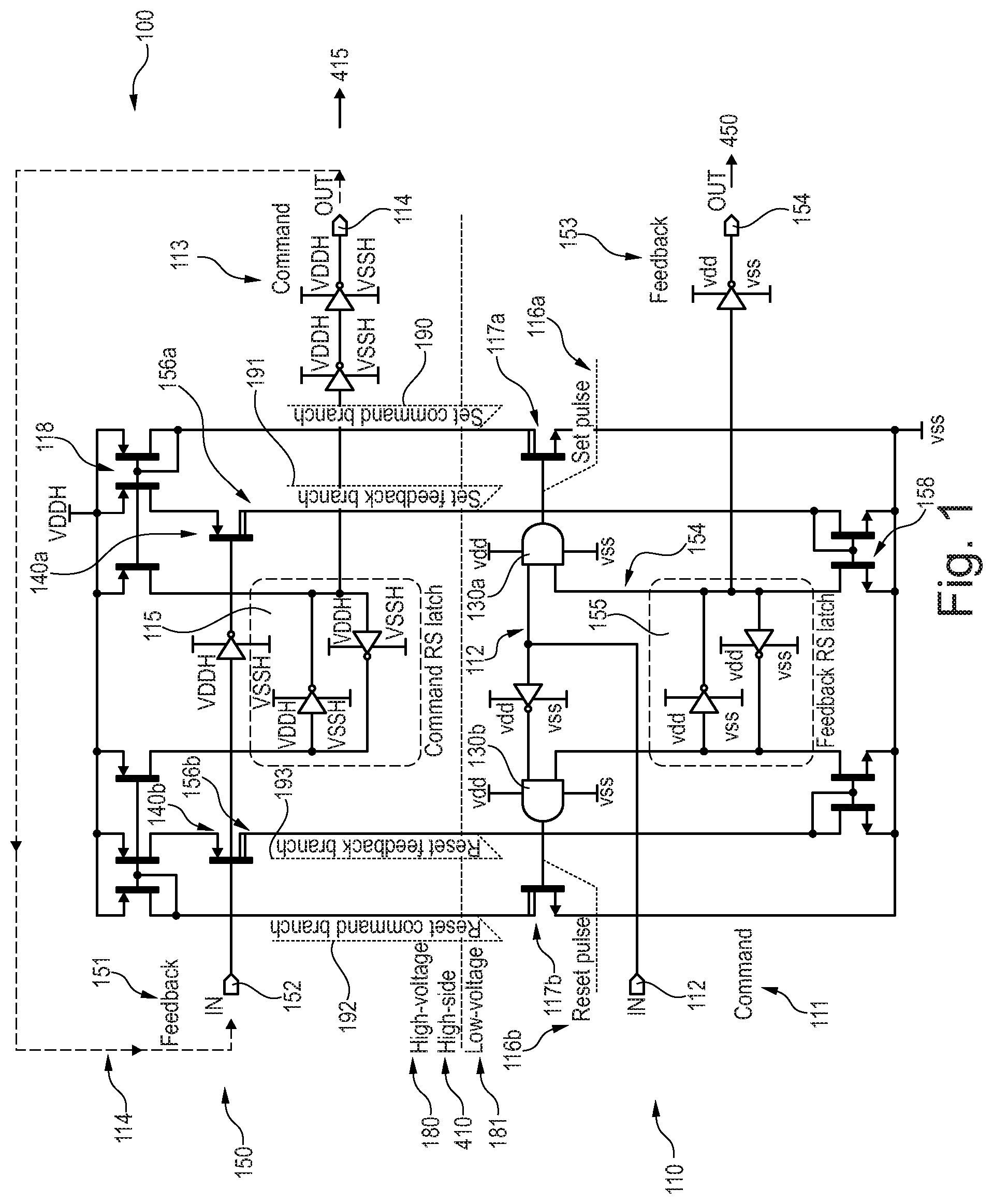 Patent US11777476 Figure 1 – Level shifter circuit with integrated feedback circuit, dc-dc converter, and method