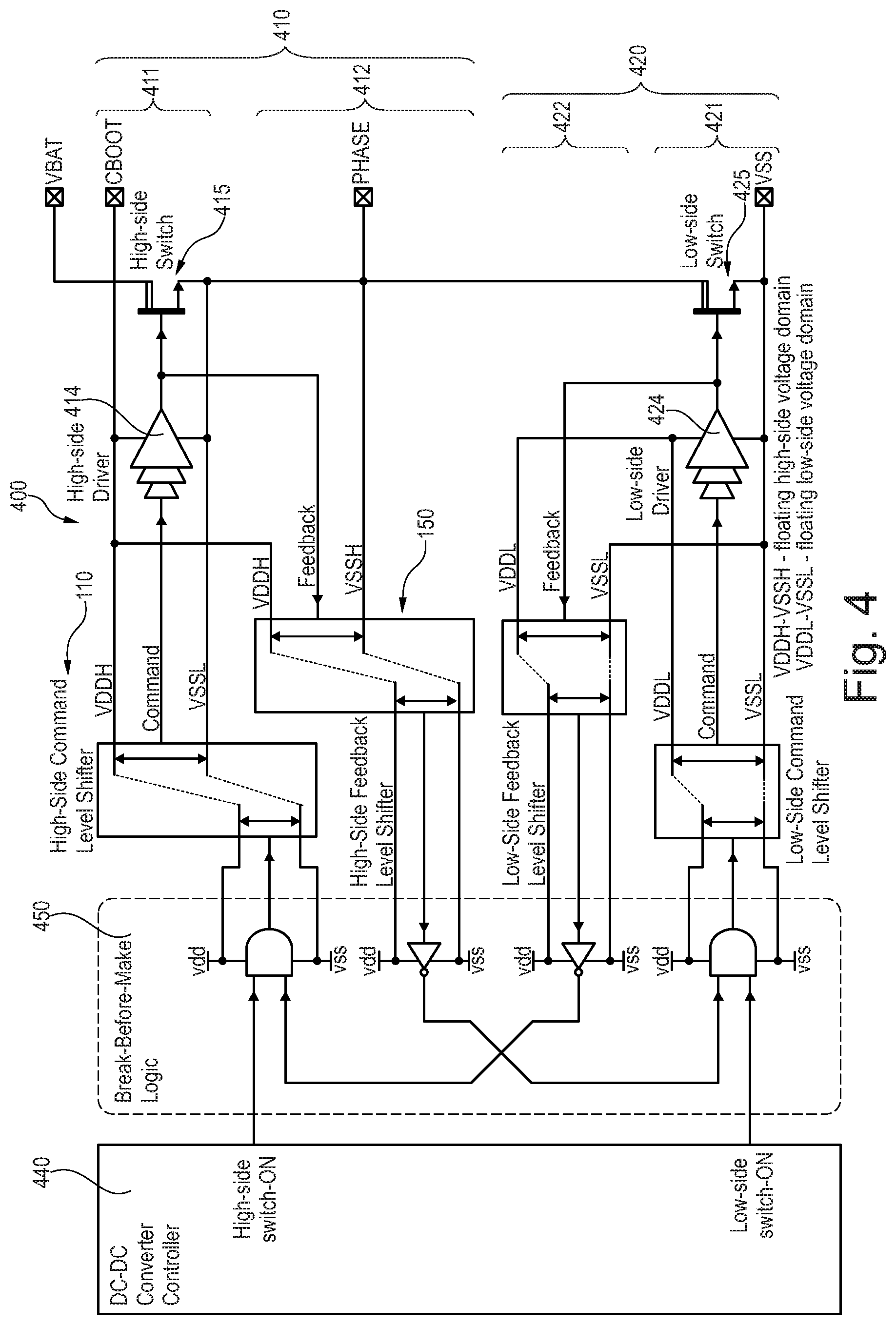 Patent US11777476 Figure 5 – Level shifter circuit with integrated feedback circuit, dc-dc converter, and method