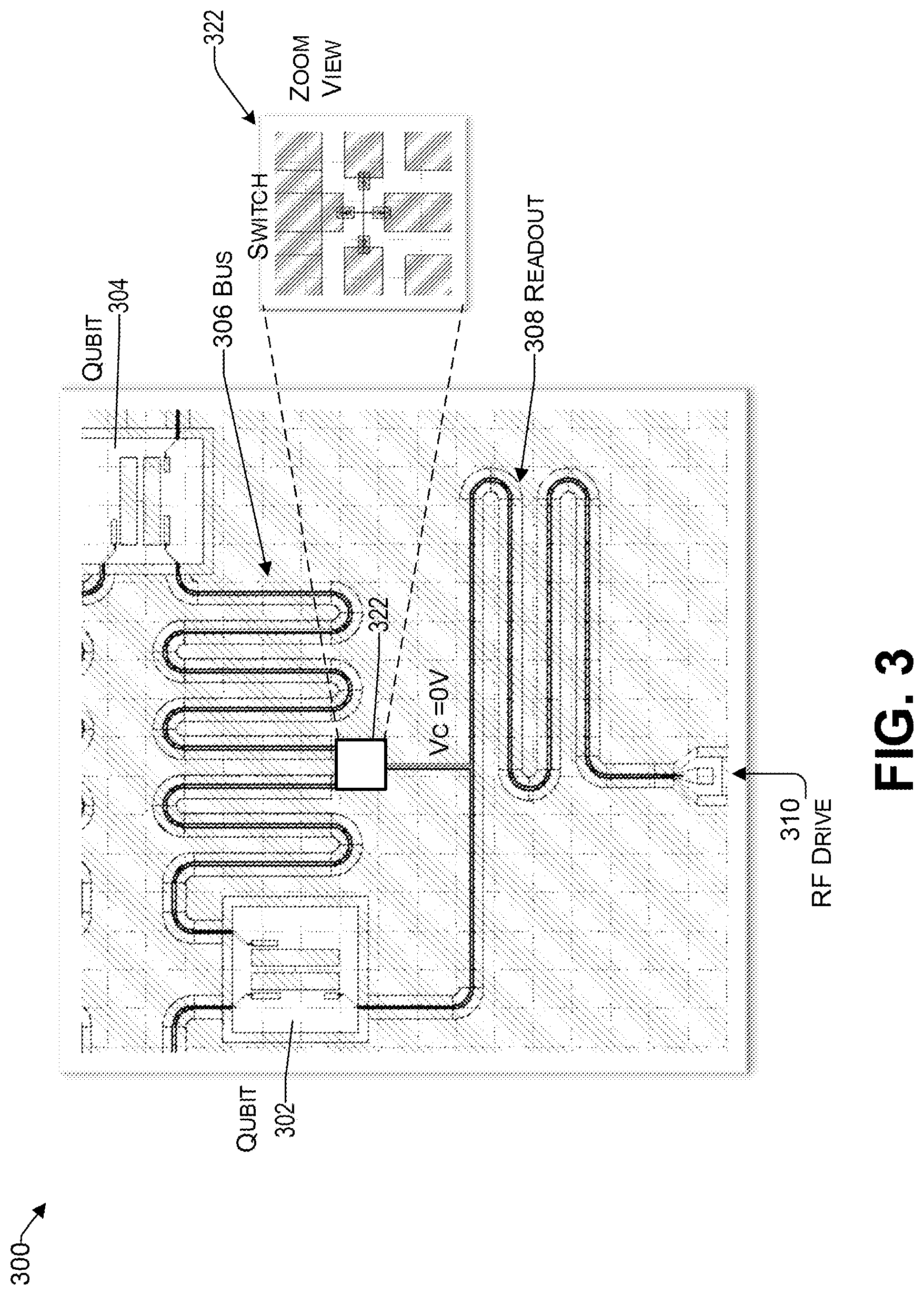Patent US11777478 Figure 3 – DC conversion of half- to quarter-wave resonators for crosstalk suppression in superconducting qubits