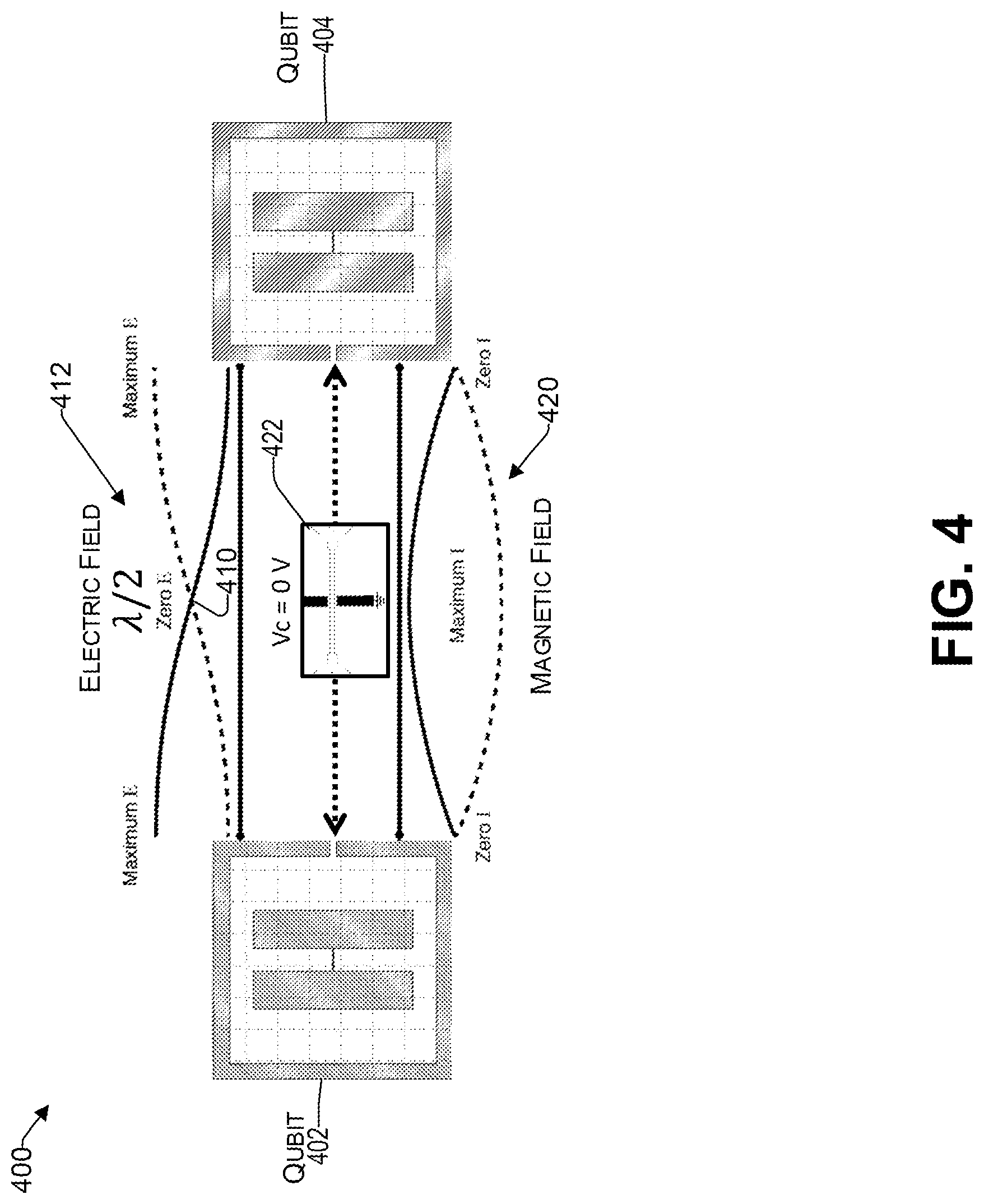 Patent US11777478 Figure 4 – DC conversion of half- to quarter-wave resonators for crosstalk suppression in superconducting qubits