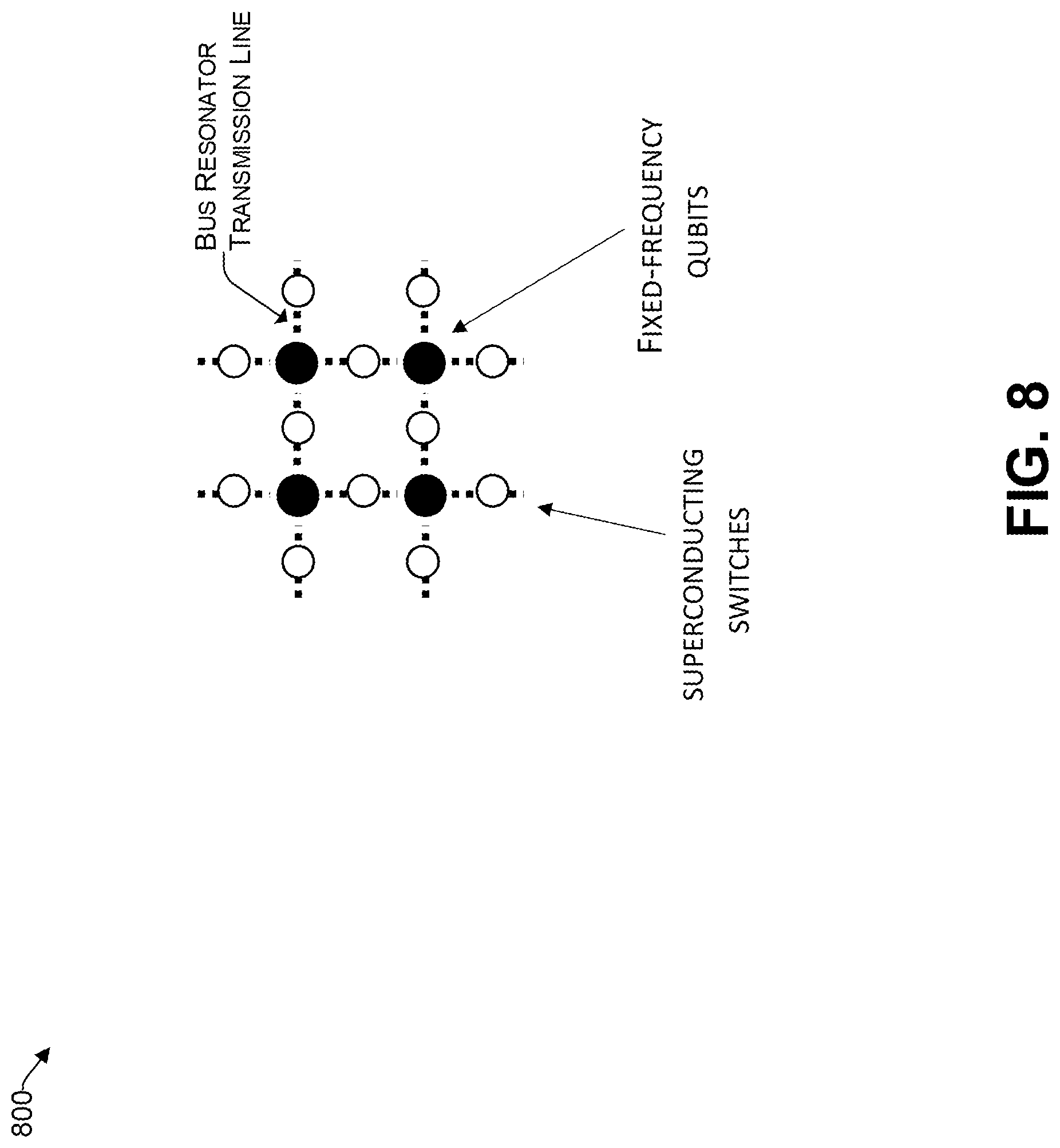 Patent US11777478 Figure 8 – DC conversion of half- to quarter-wave resonators for crosstalk suppression in superconducting qubits