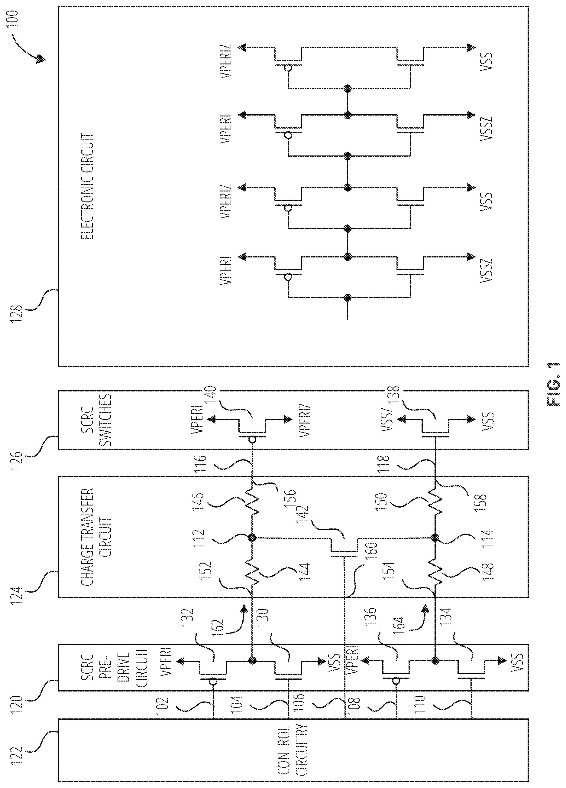Patent US11777488 Figure 1 – Charge transfer between gate terminals of sub-threshold current reduction circuit transistors and related apparatuses and methods