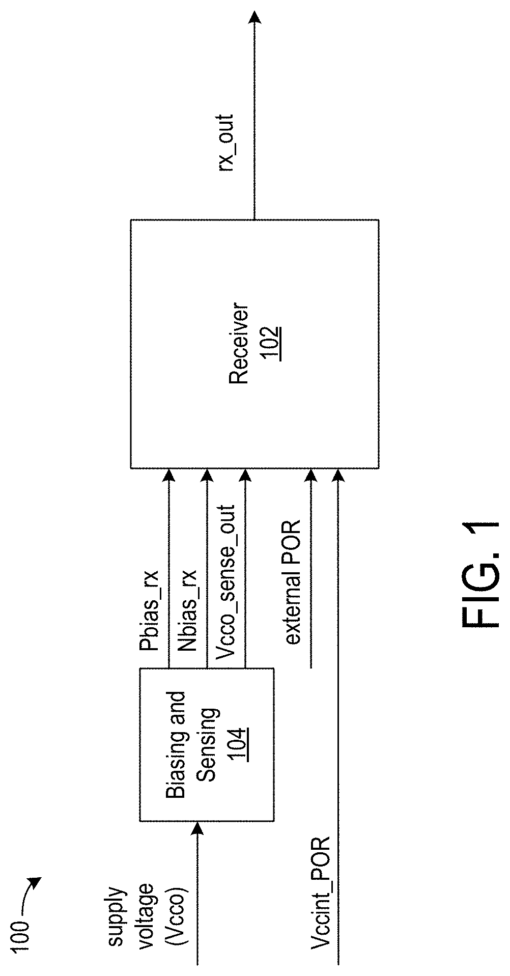 Patent US11777489 Figure 1 – Voltage sensing and biasing for wide supply range integrated circuit transceivers