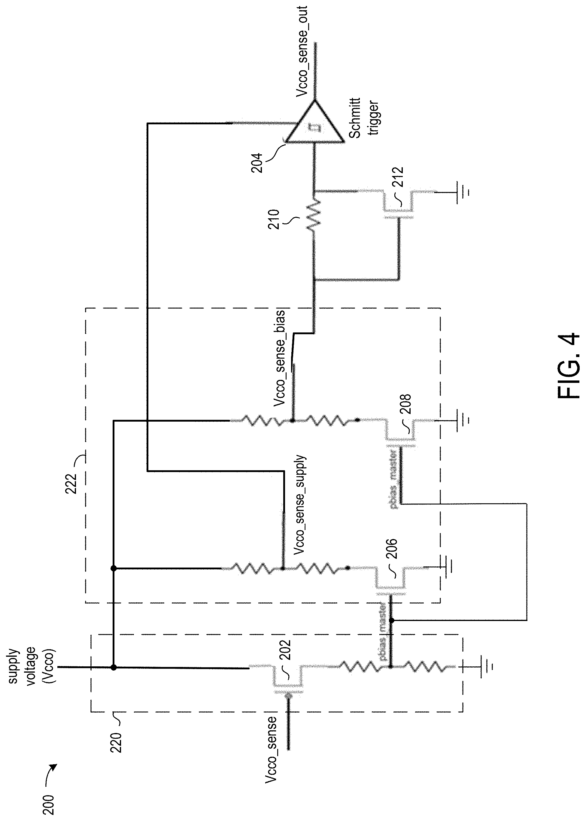 Patent US11777489 Figure 4 – Voltage sensing and biasing for wide supply range integrated circuit transceivers