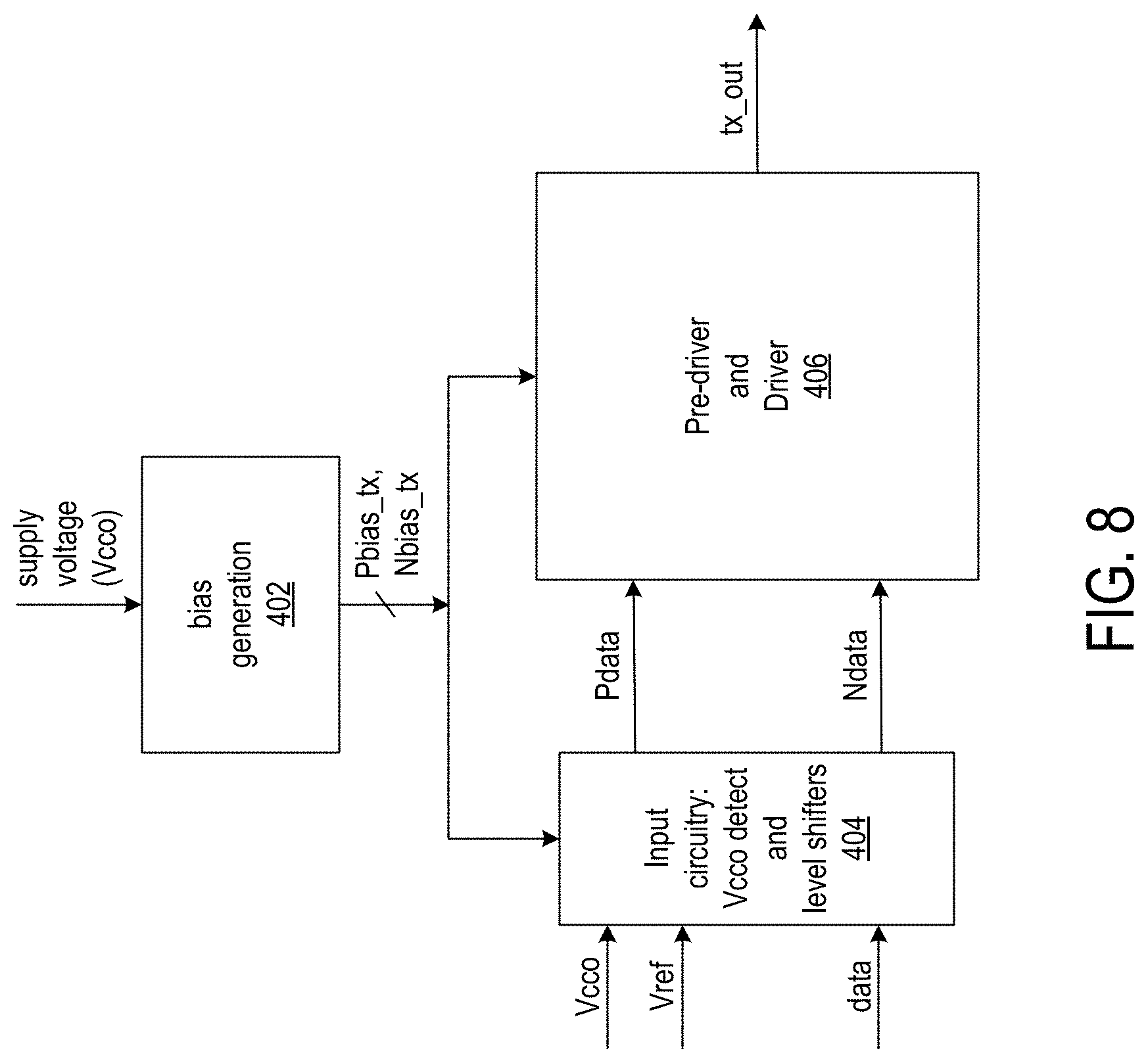 Patent US11777489 Figure 8 – Voltage sensing and biasing for wide supply range integrated circuit transceivers