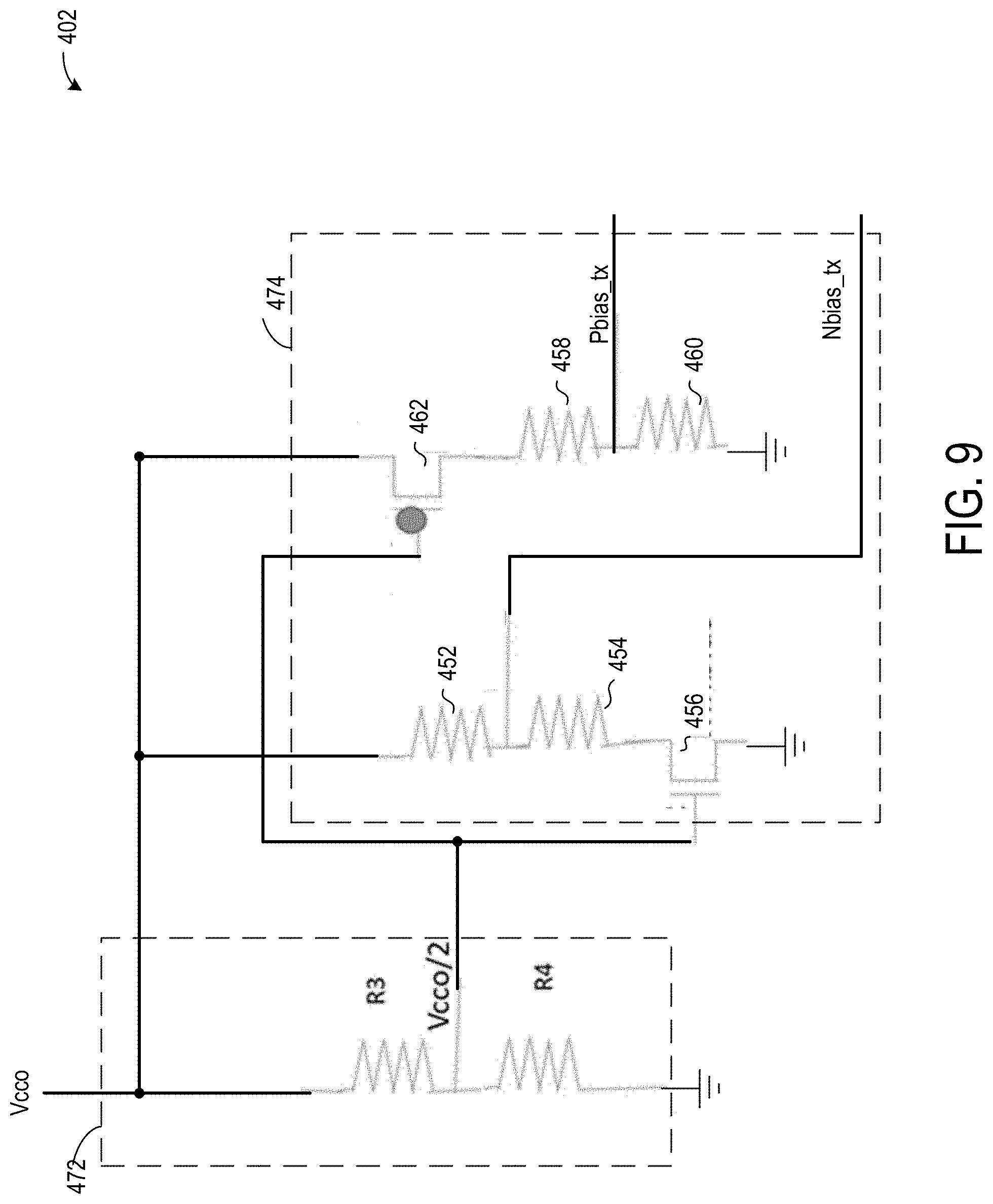 Patent US11777489 Figure 9 – Voltage sensing and biasing for wide supply range integrated circuit transceivers