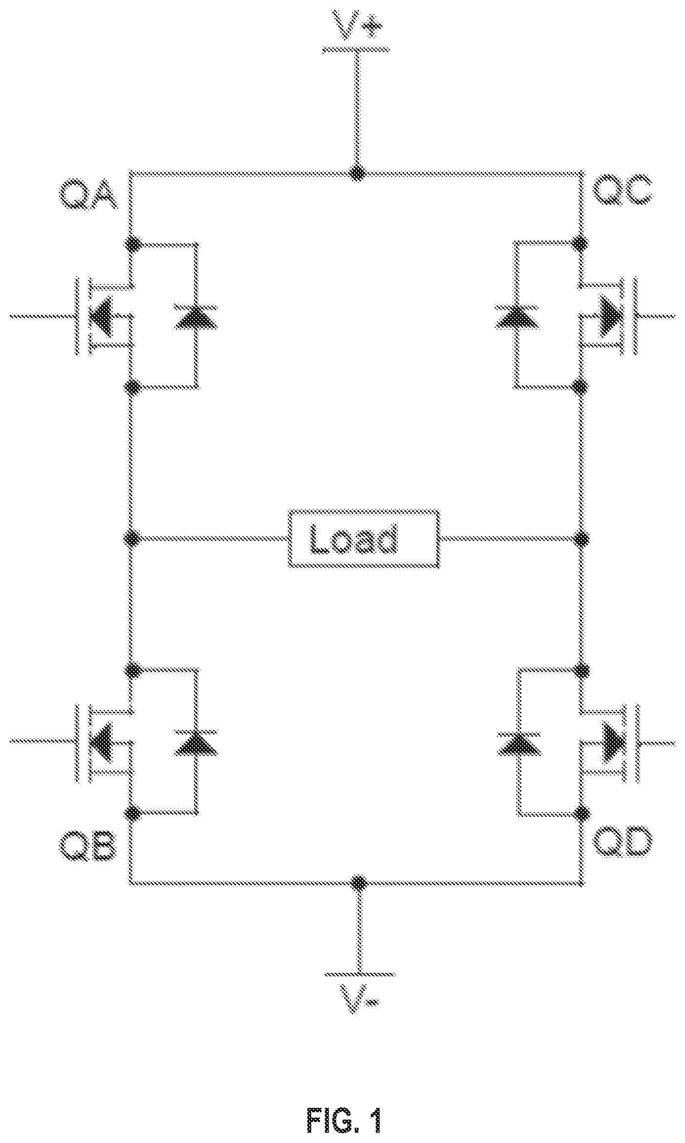 Patent US11777497 Figure 1 – Efficiency concept for driving a PMOS and NMOS full-bridge power stage