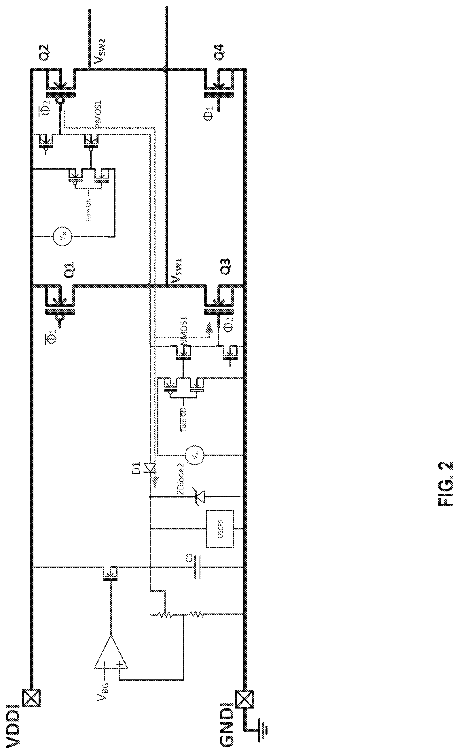 Patent US11777497 Figure 2 – Efficiency concept for driving a PMOS and NMOS full-bridge power stage
