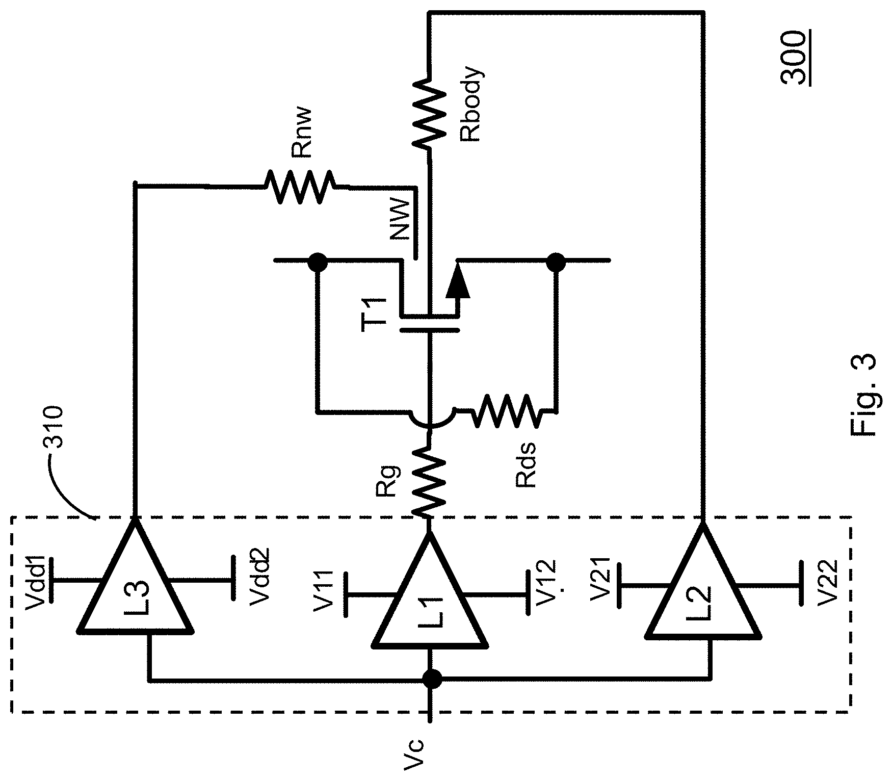 Patent US11777498 Figure 5 – High power RF switch with controlled well voltage for improved linearity