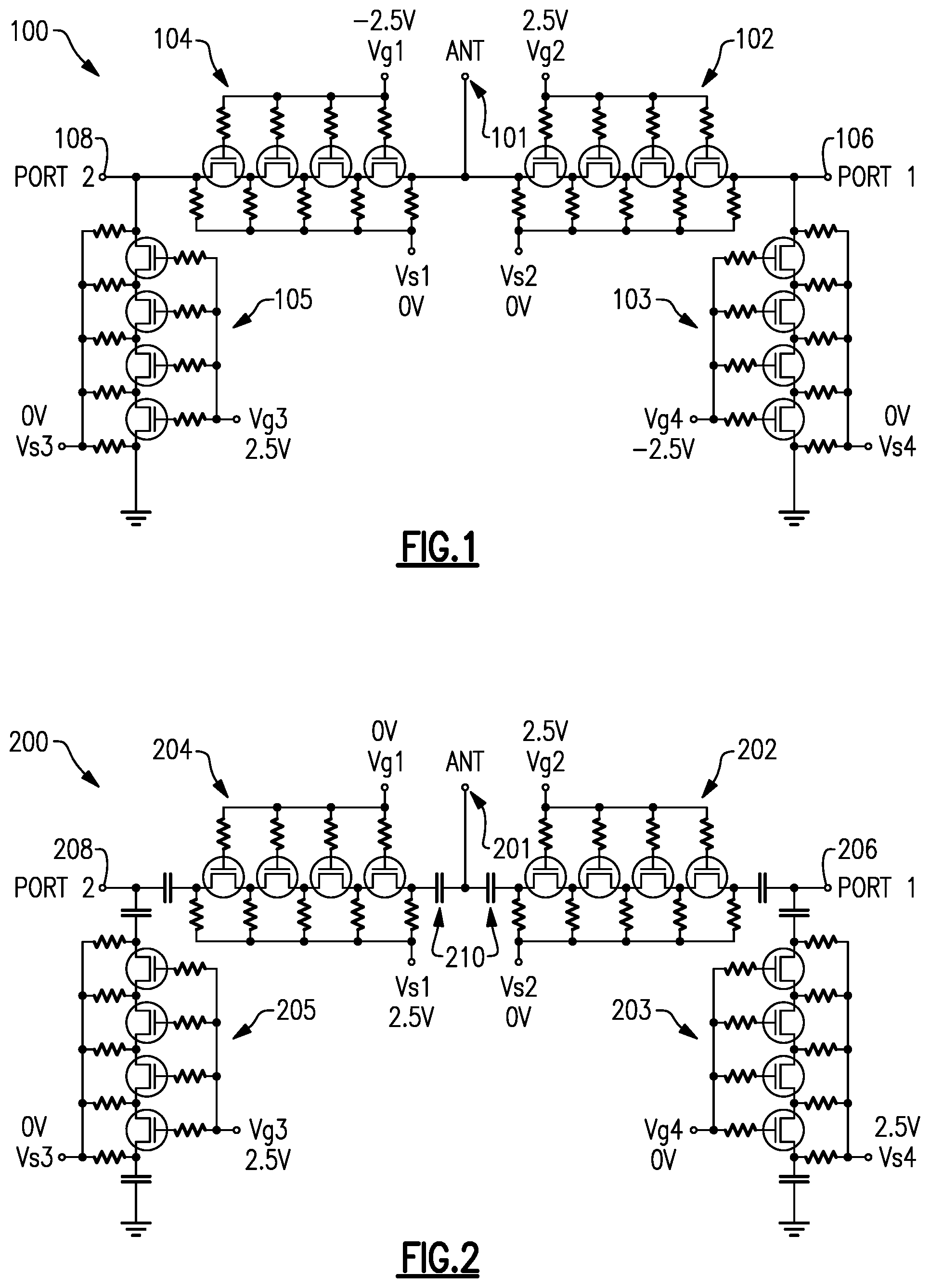 Patent US11777499 Figure 1 – Radio frequency switch biasing topologies