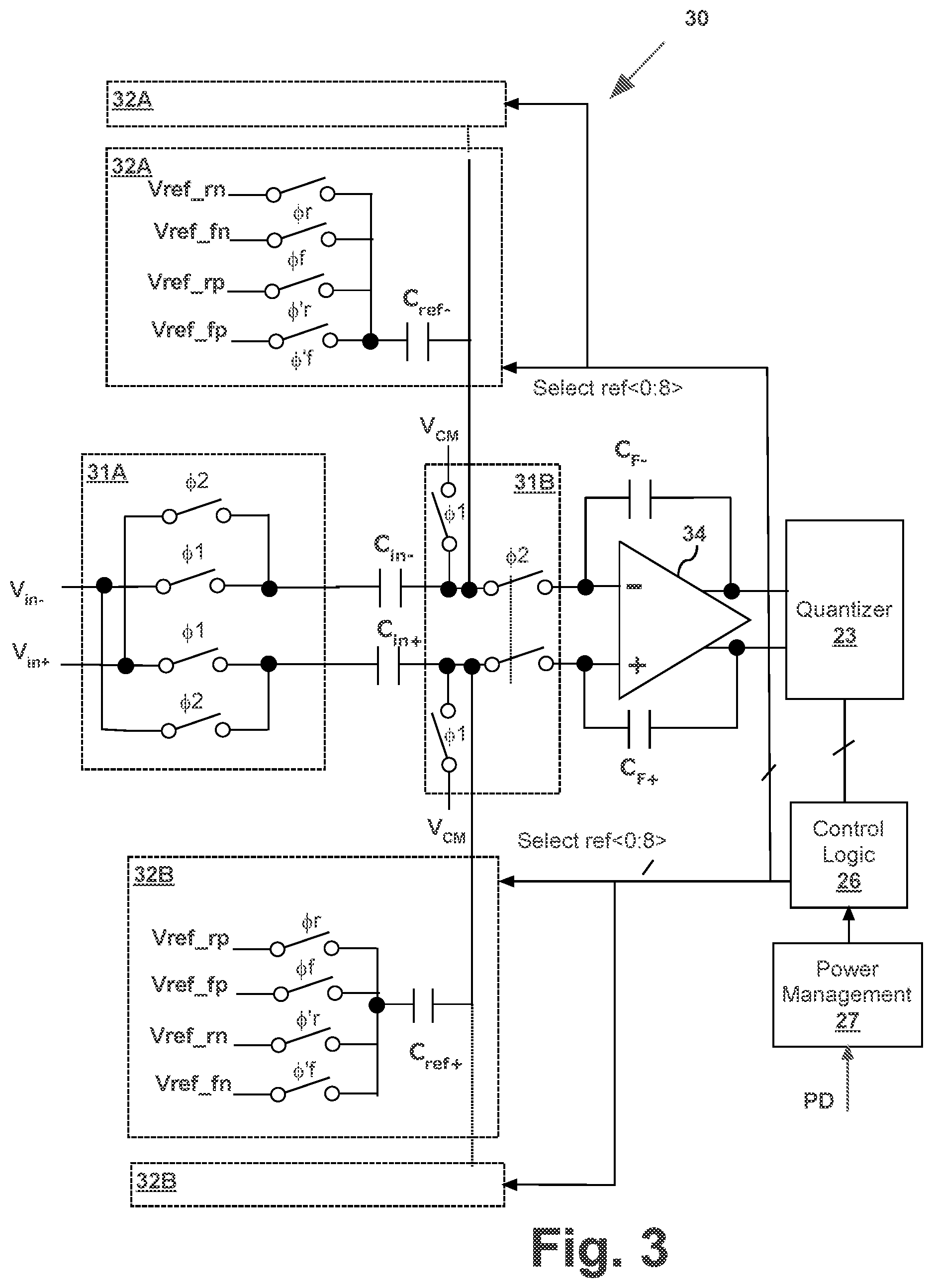 Patent US11777517 Figure 3 – Gain error reduction in switched-capacitor delta-sigma data converters sharing a voltage reference with a disabled data converter