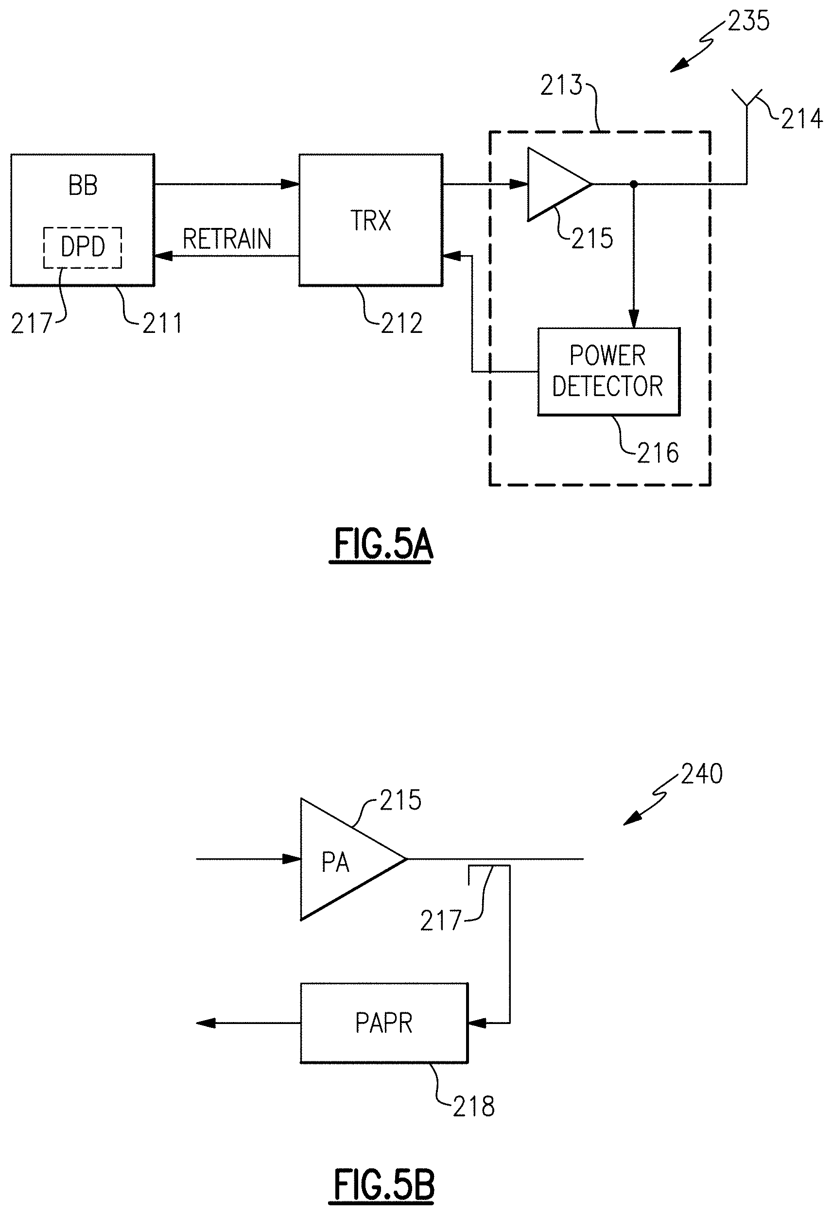 Patent US11777544 Figure 8 – Power amplifier power detection for initiating retraining of digital pre-distortion